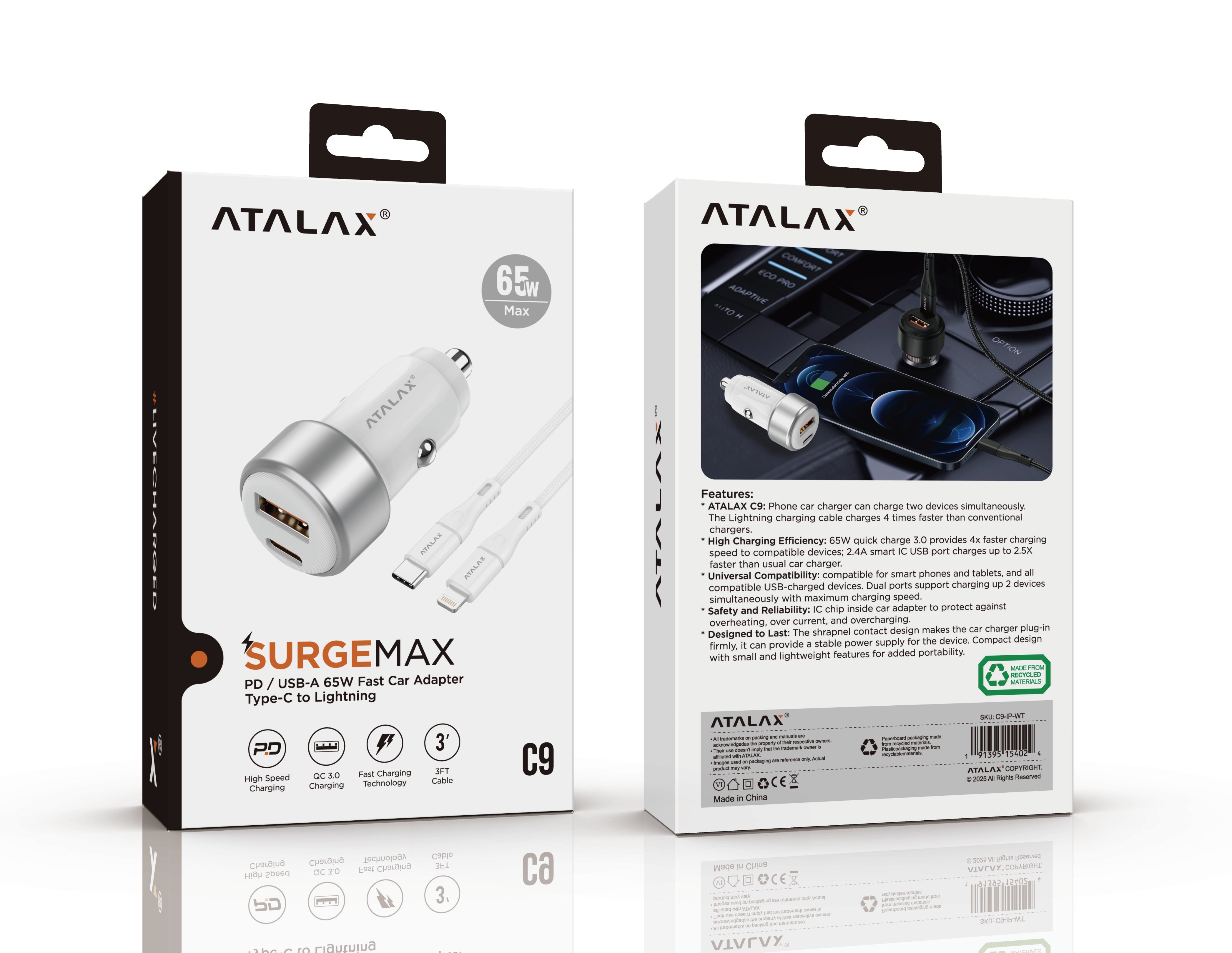 ATALAX SURGEMAX C9 65W PD/USB CAR CHARGER LIGHTNING 3FT WHITE