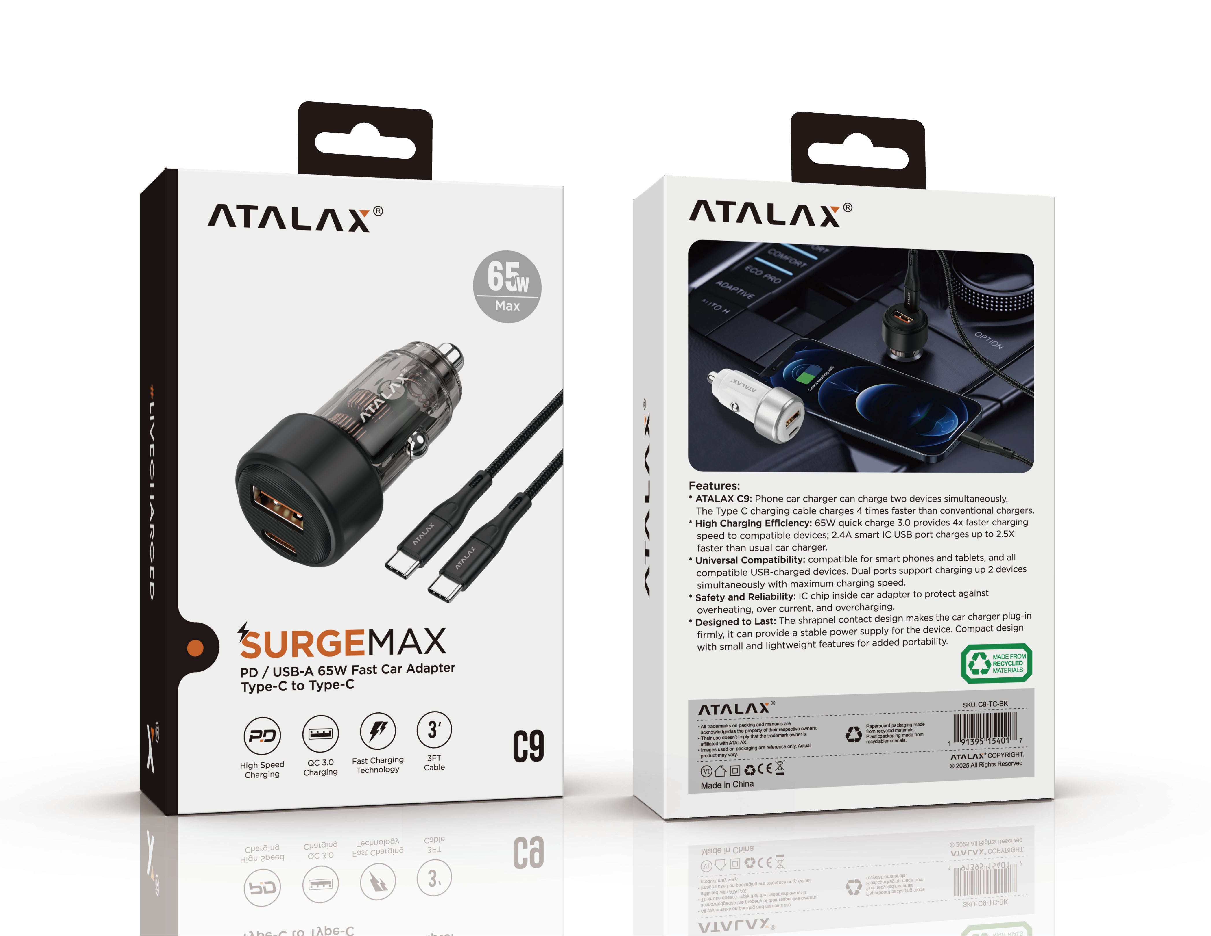 ATALAX SURGEMAX C9 65W PD/USB CAR CHARGER TYPE-C 3FT BLACK