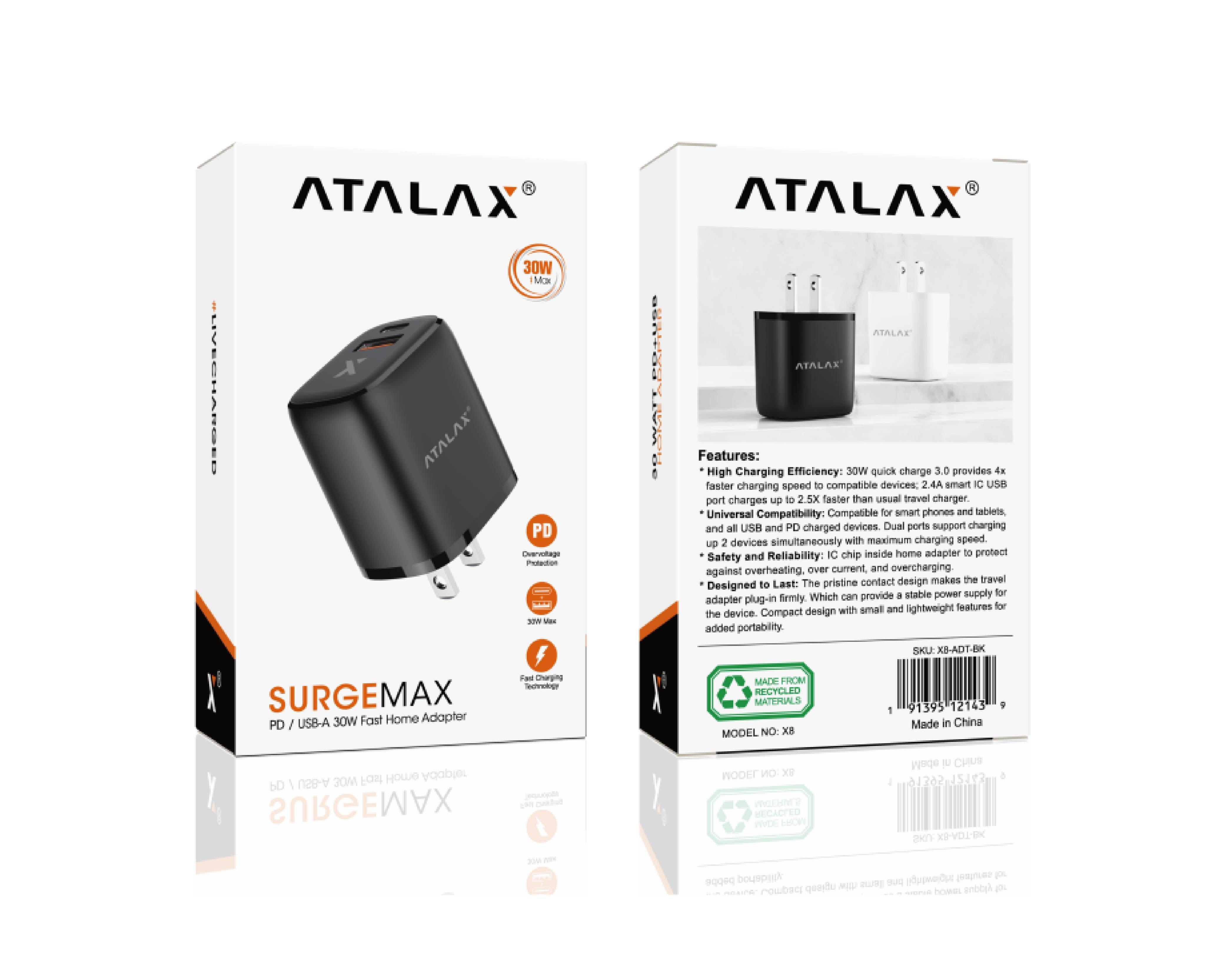 ATALAX SURGEMAX X8 30W DUAL WALL ADAPTER BLACK