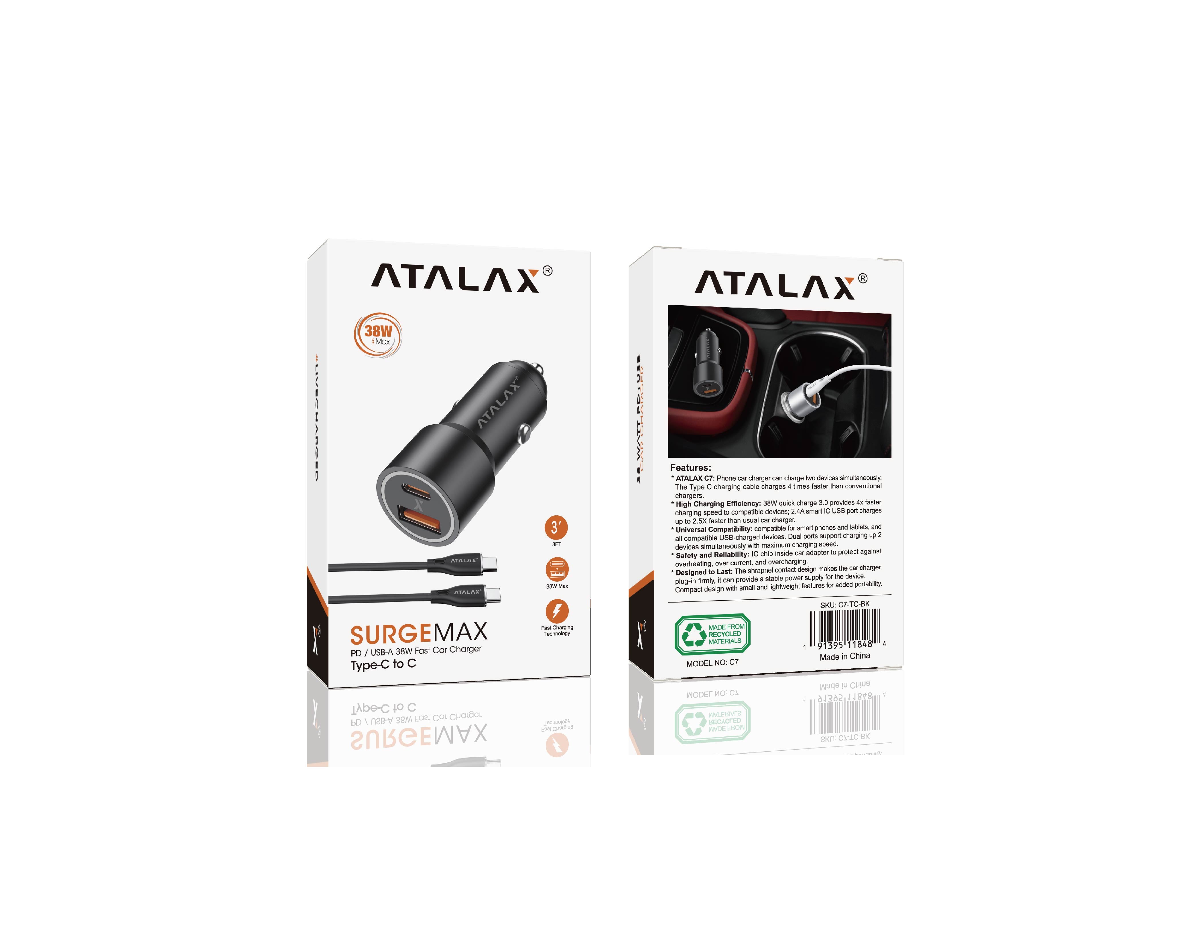 ATALAX SURGEMAX C7 38W DUAL PD/USB FAST CAR CHARGER WITH TYPE-C CABLE