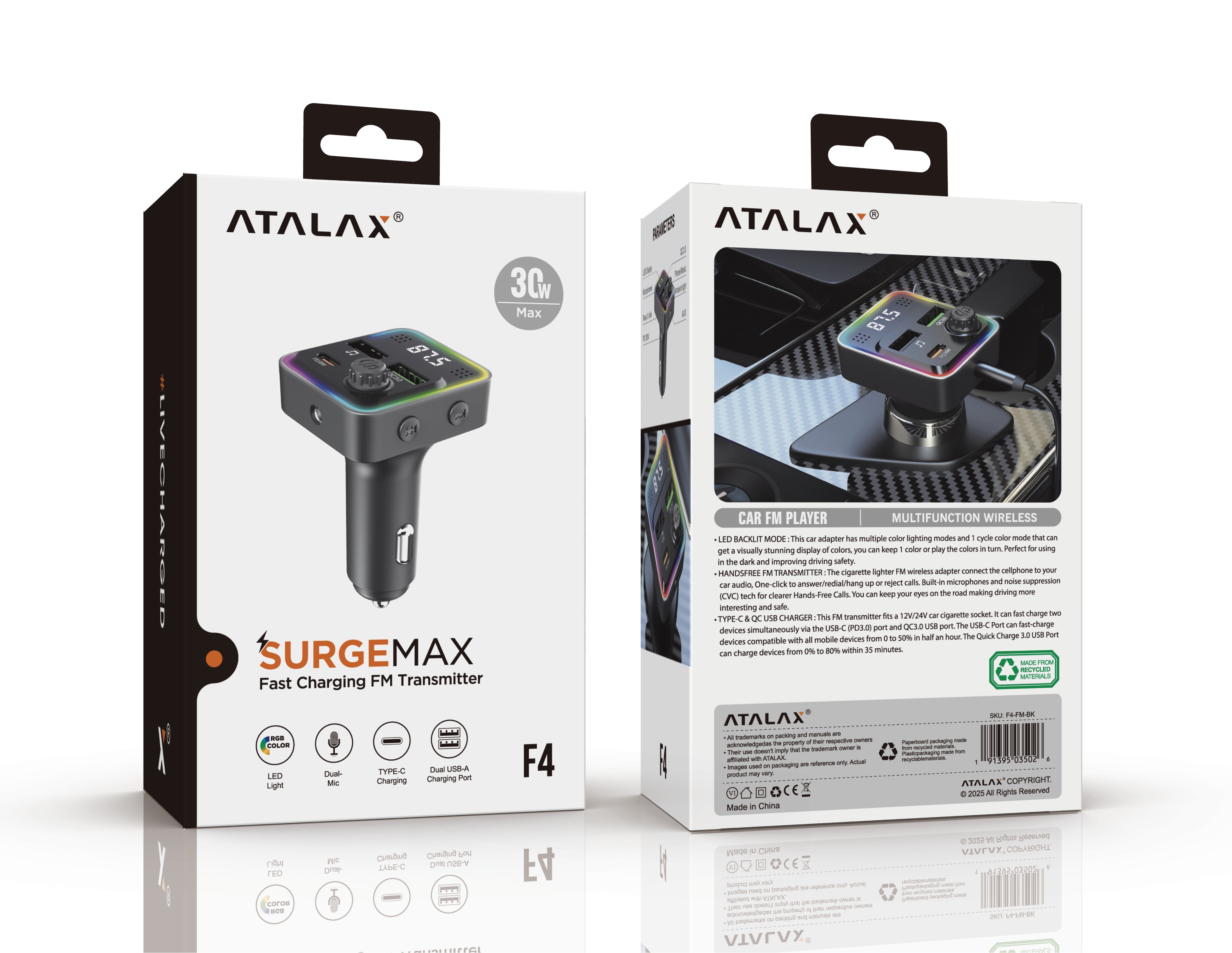 ATALAX SURGEMAX F4 DUAL USB/PD FM TRANSMITTER BLACK