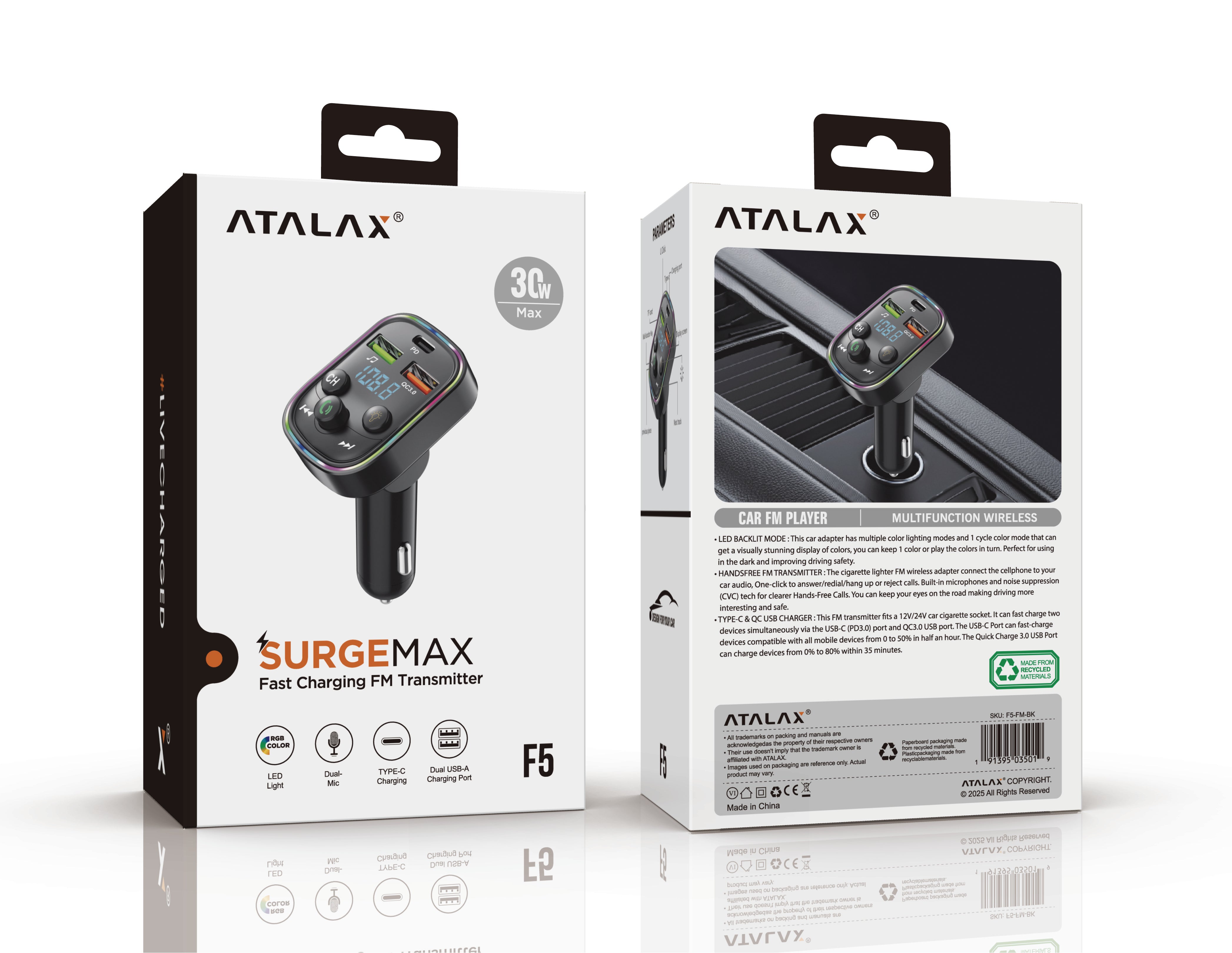 ATALAX SURGEMAX F5 DUAL USB/PD FM TRANSMITTER BLACK