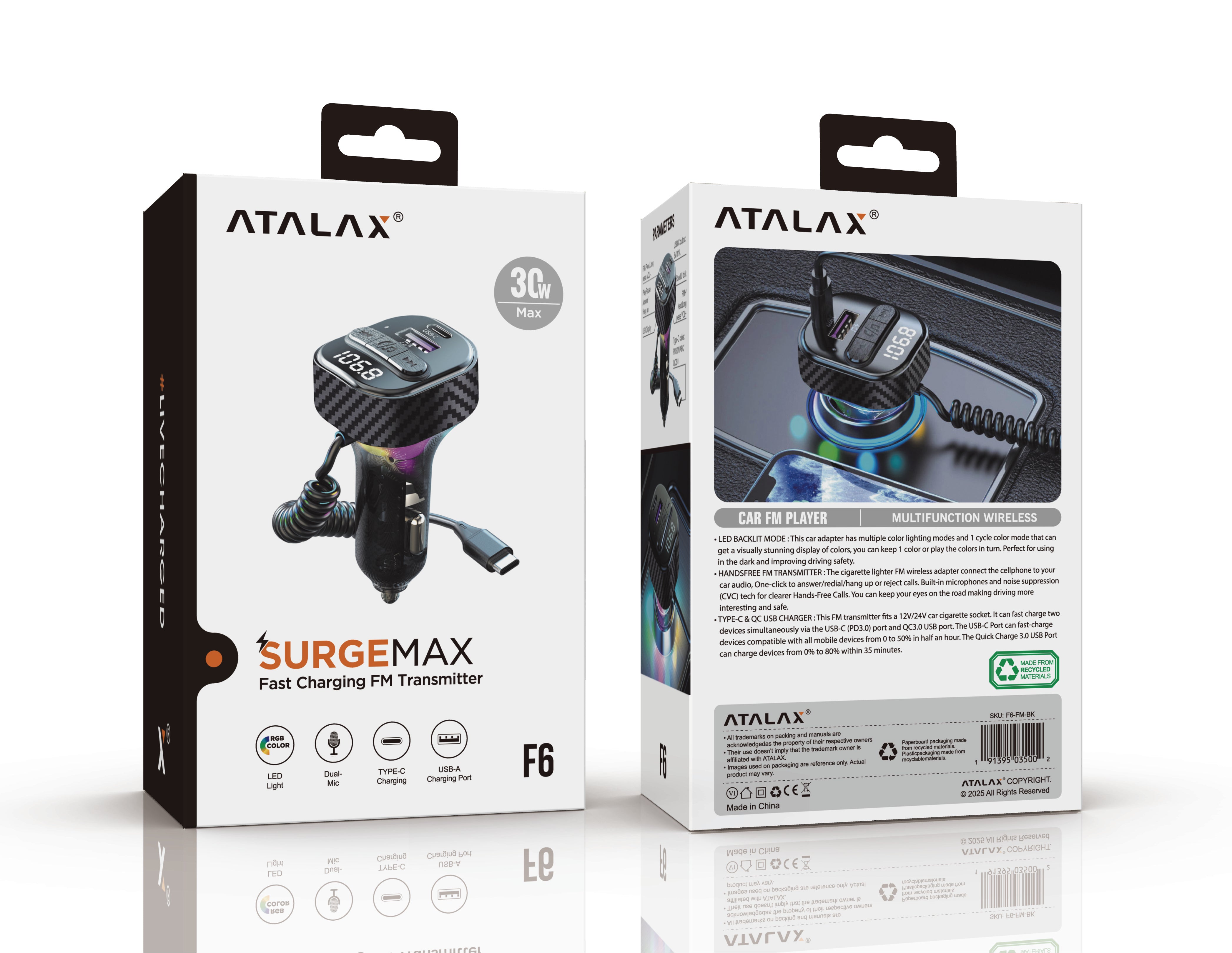ATALAX SURGEMAX F6 PD/USB FM TRANSMITTER BLACK