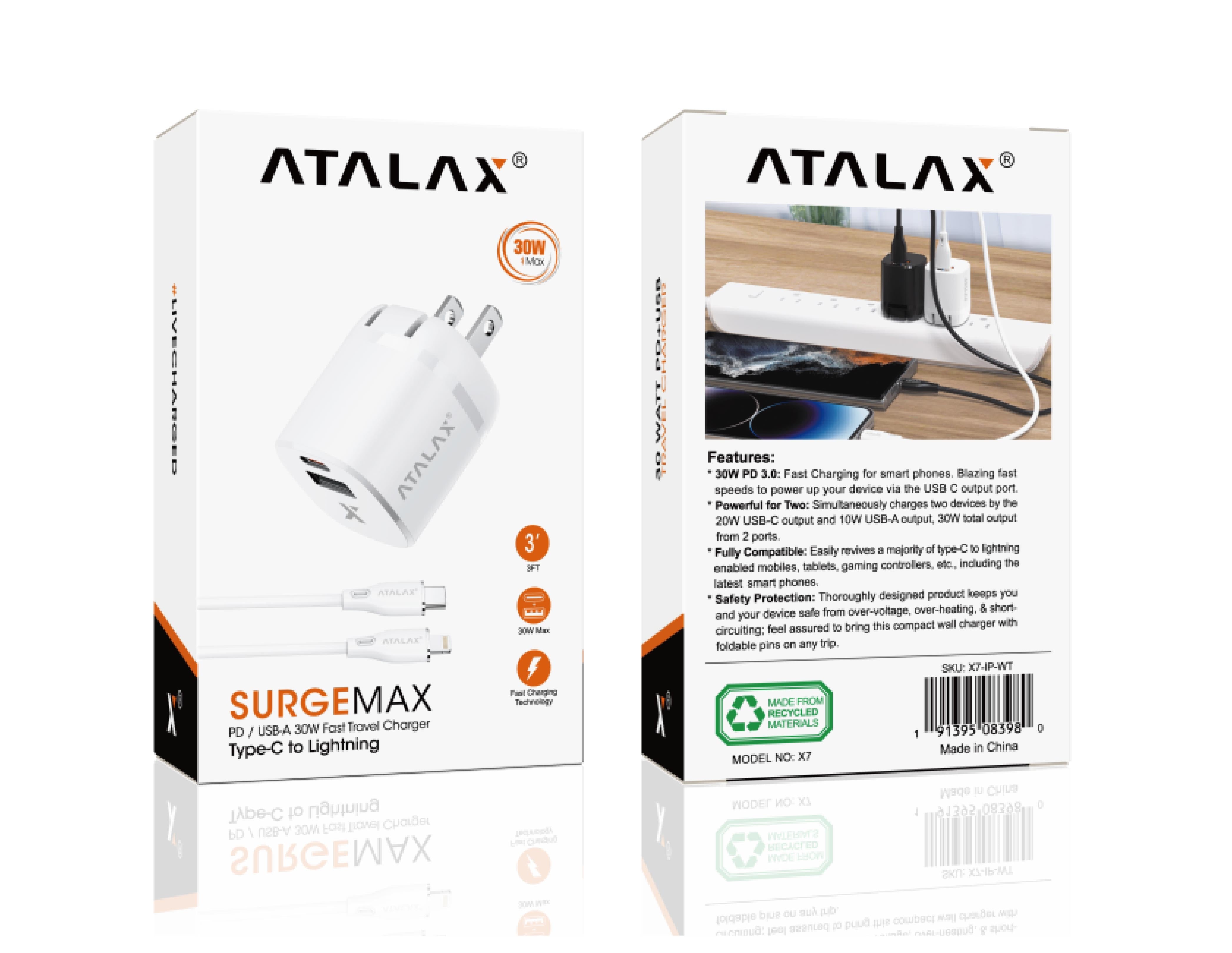 ATALAX SURGEMAX X7 30W DUAL WALL CHARGER LIGHTNING 3FT WHITE