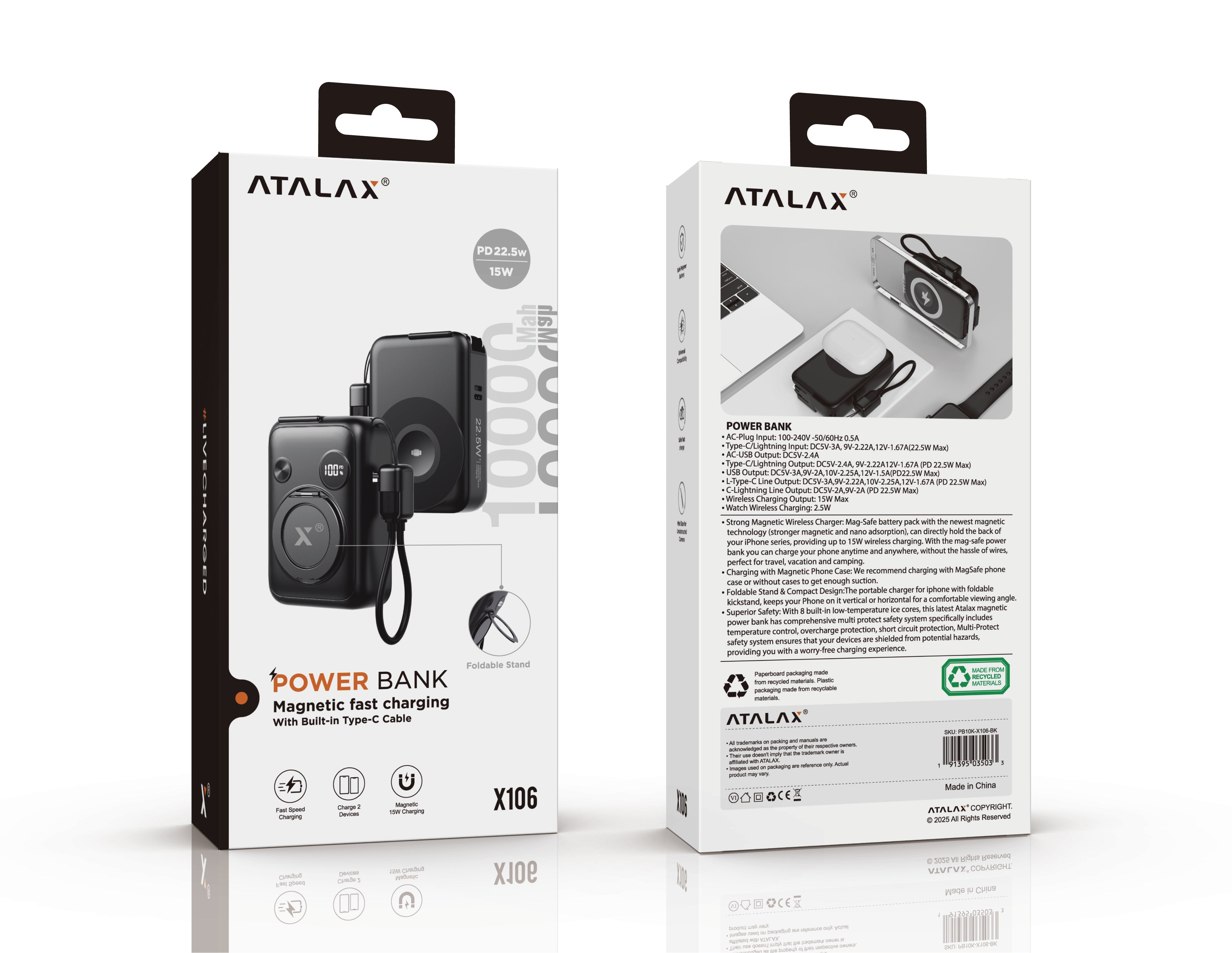 ATALAX X106 MAGSAFE WIRELESS POWER BANK FOLDABLE STAND 10000 MAh BLACK