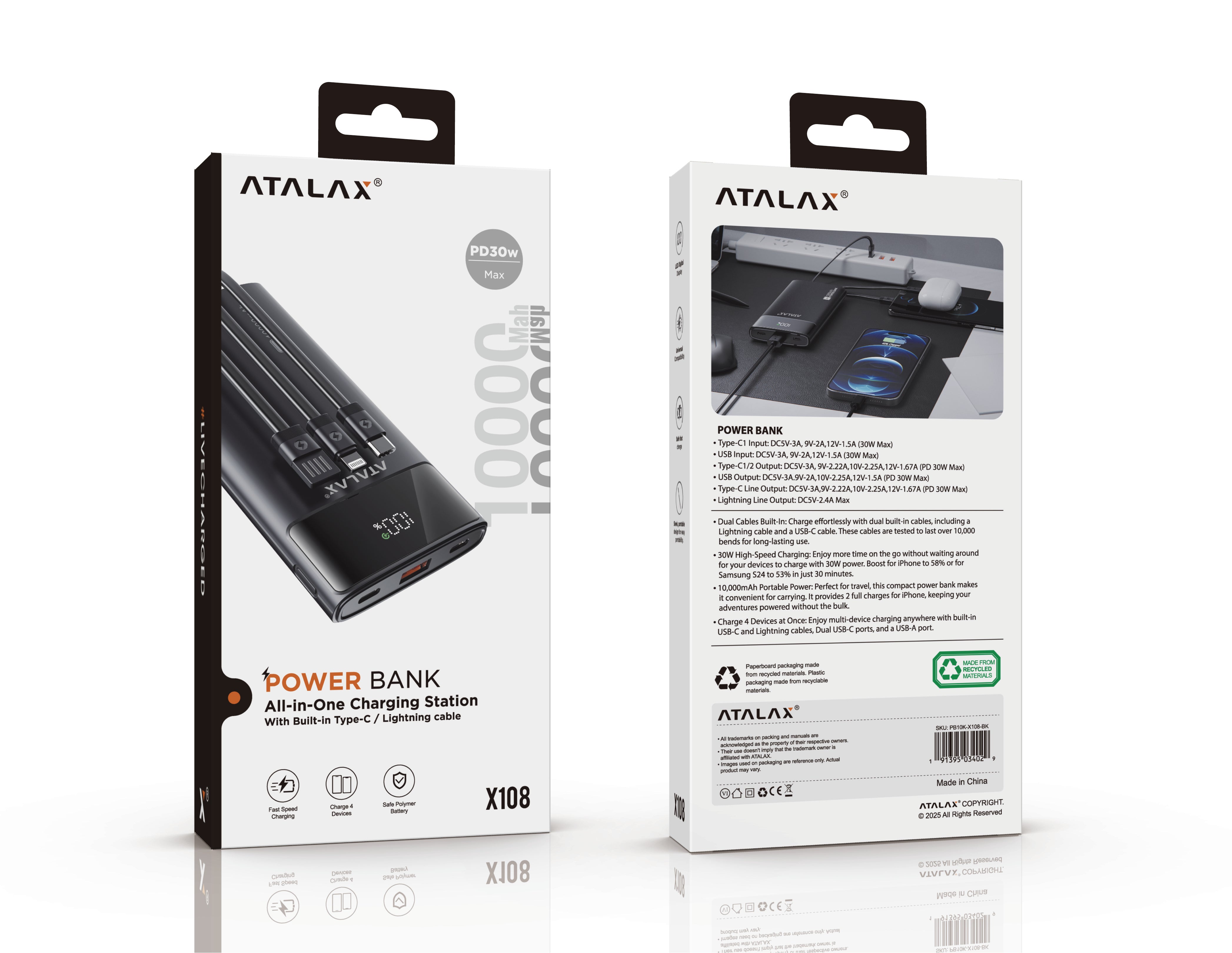 ATALAX X108 30W POWER BANK ALL IN ONE 10000 MAh BLACK