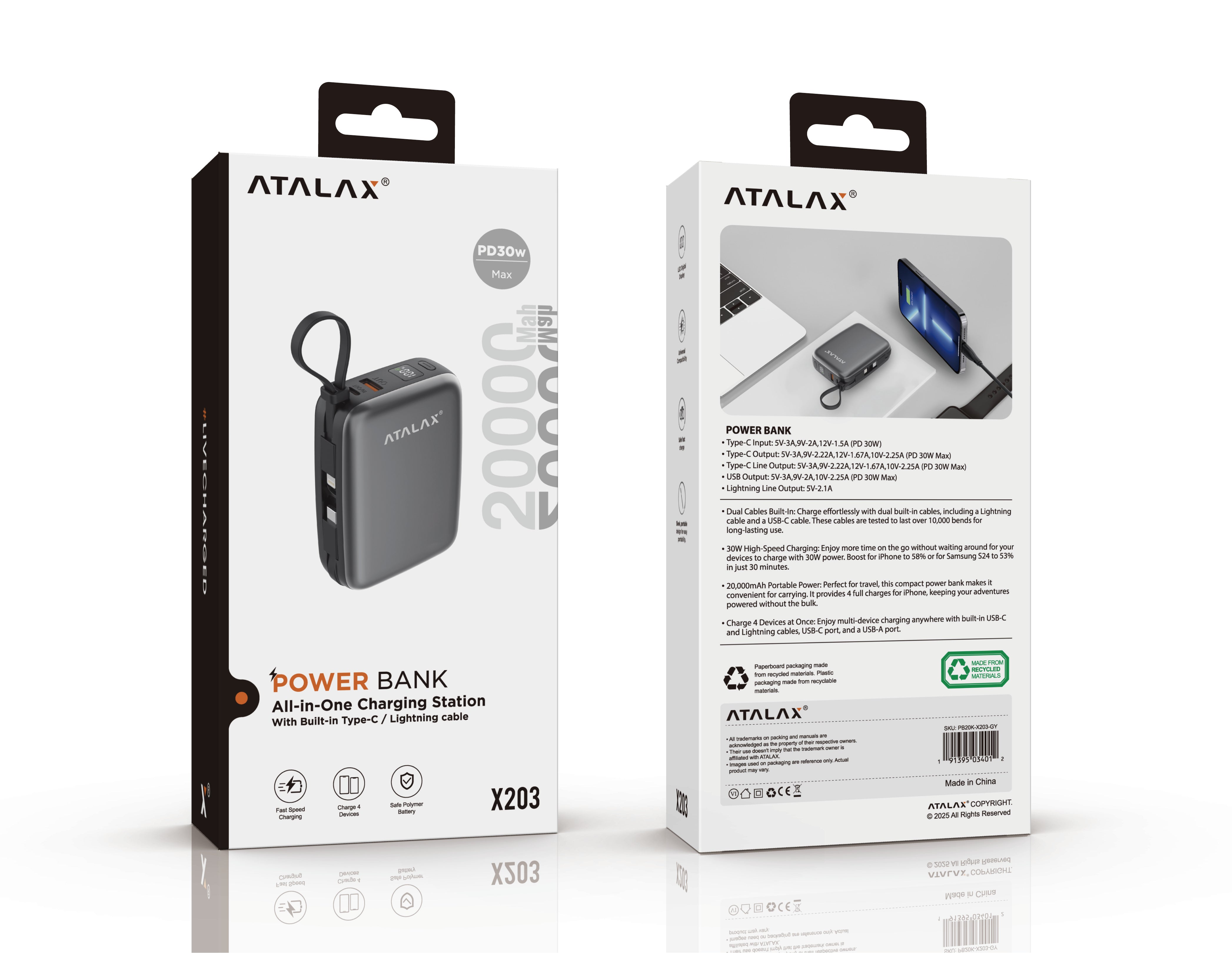 ATALAX X203 20000 MAh POWER BANK WITH TYPE-C CABLE
