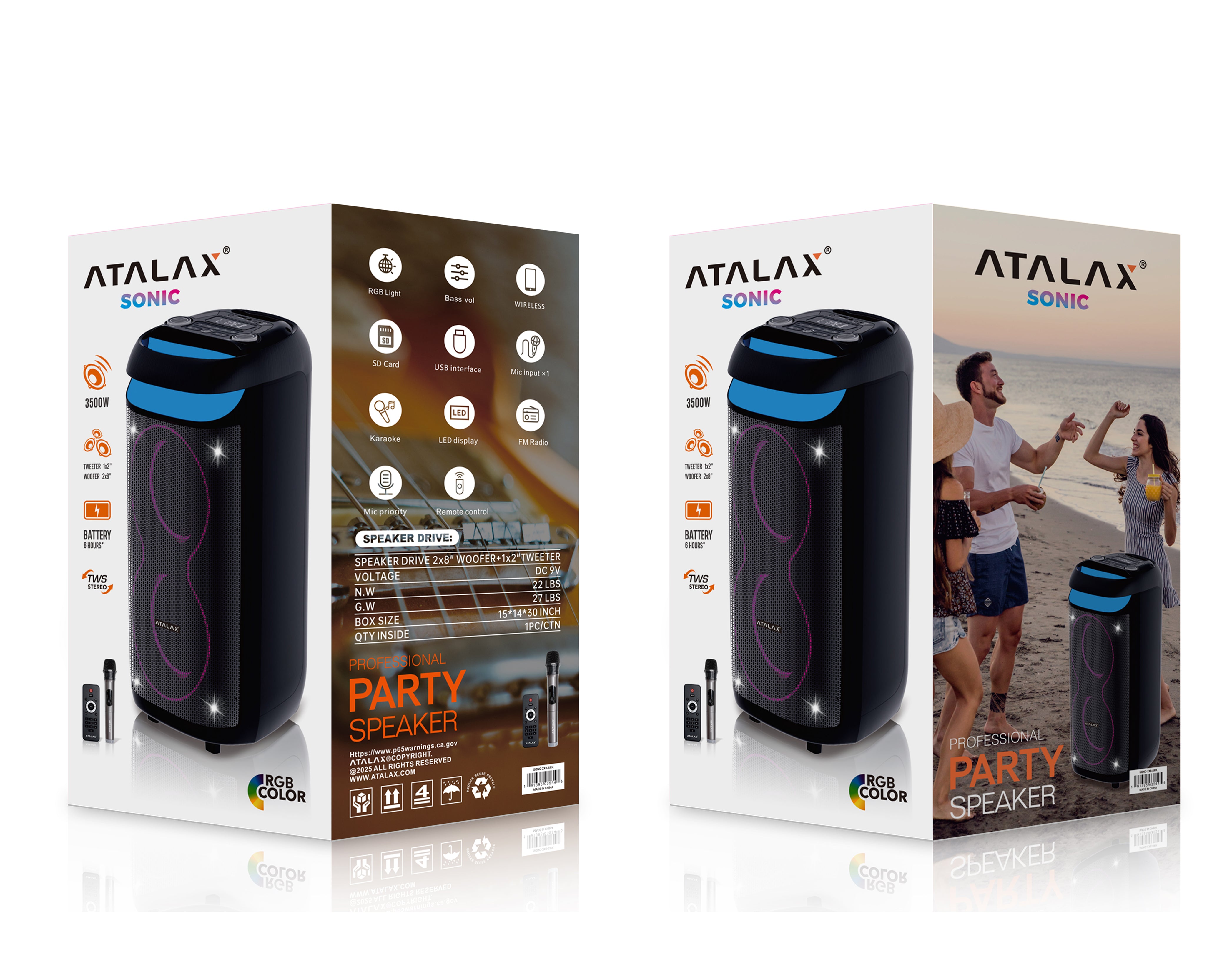 ATALAX SONIC 2 X 8" INCH PARTY SPEAKER