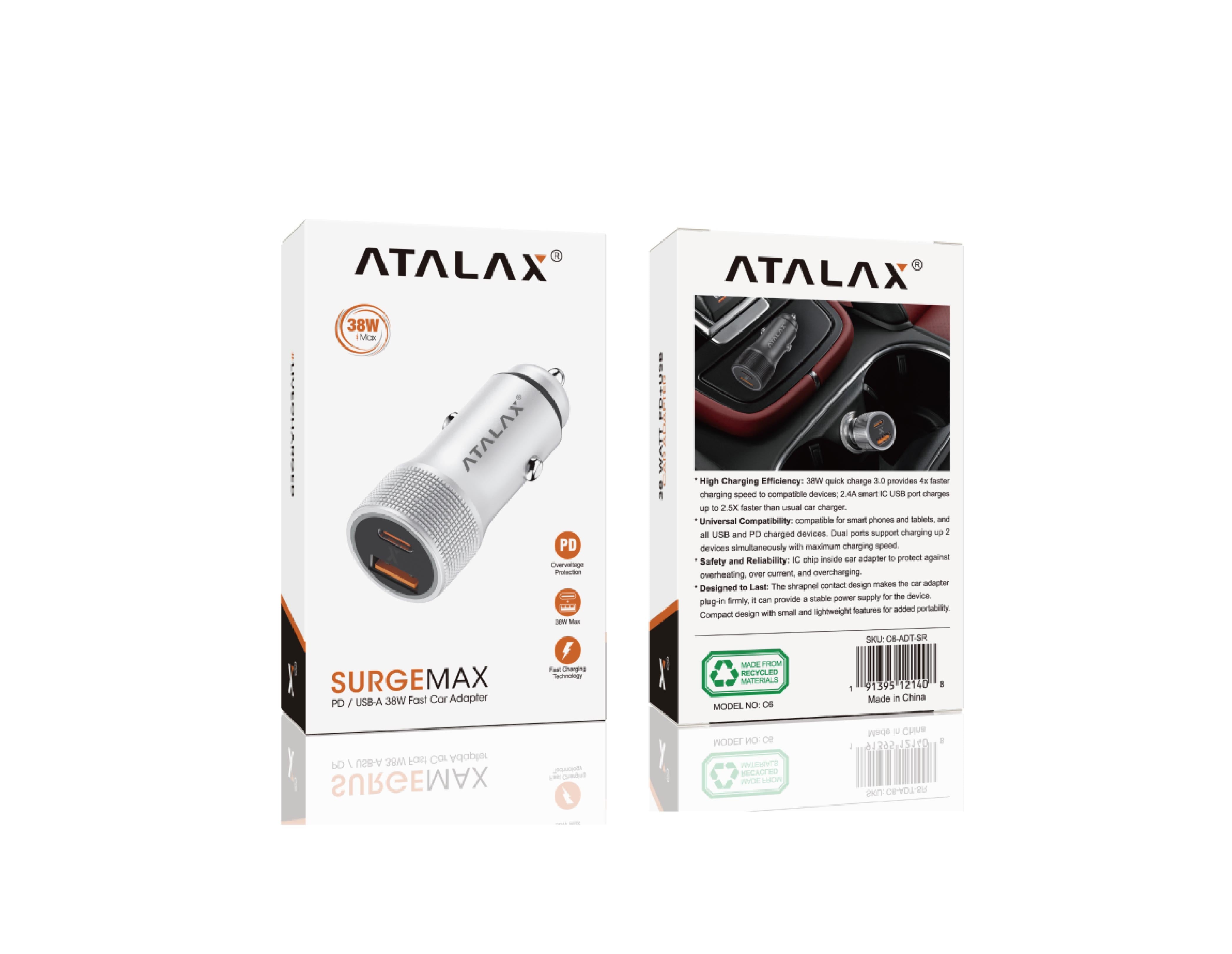 ATALAX SURGEMAX C6 38W DUAL PD/USD CAR ADAPTER WHITE