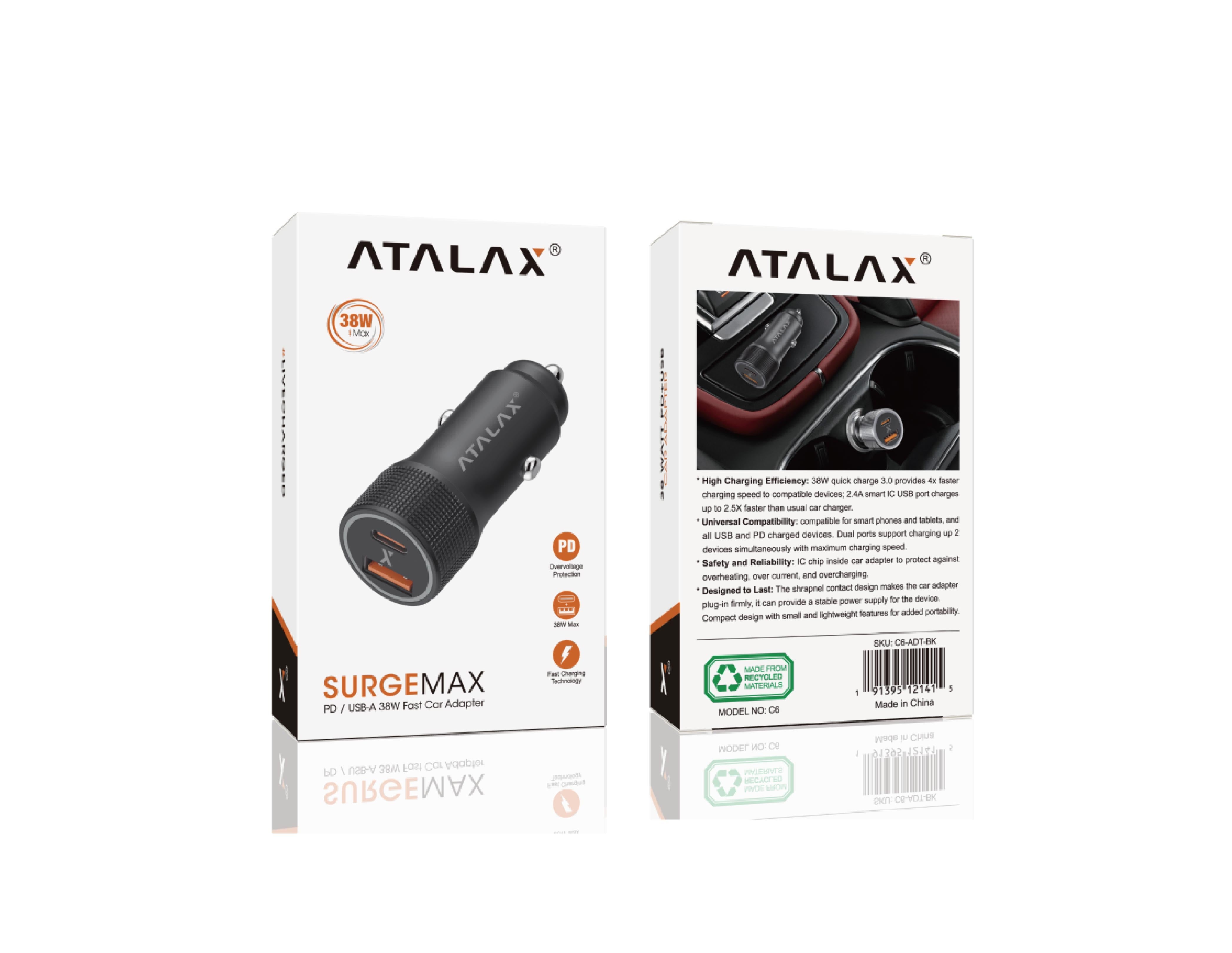 ATALAX SURGEMAX C6 38W DUAL PD/USD CAR ADAPTER BLACK