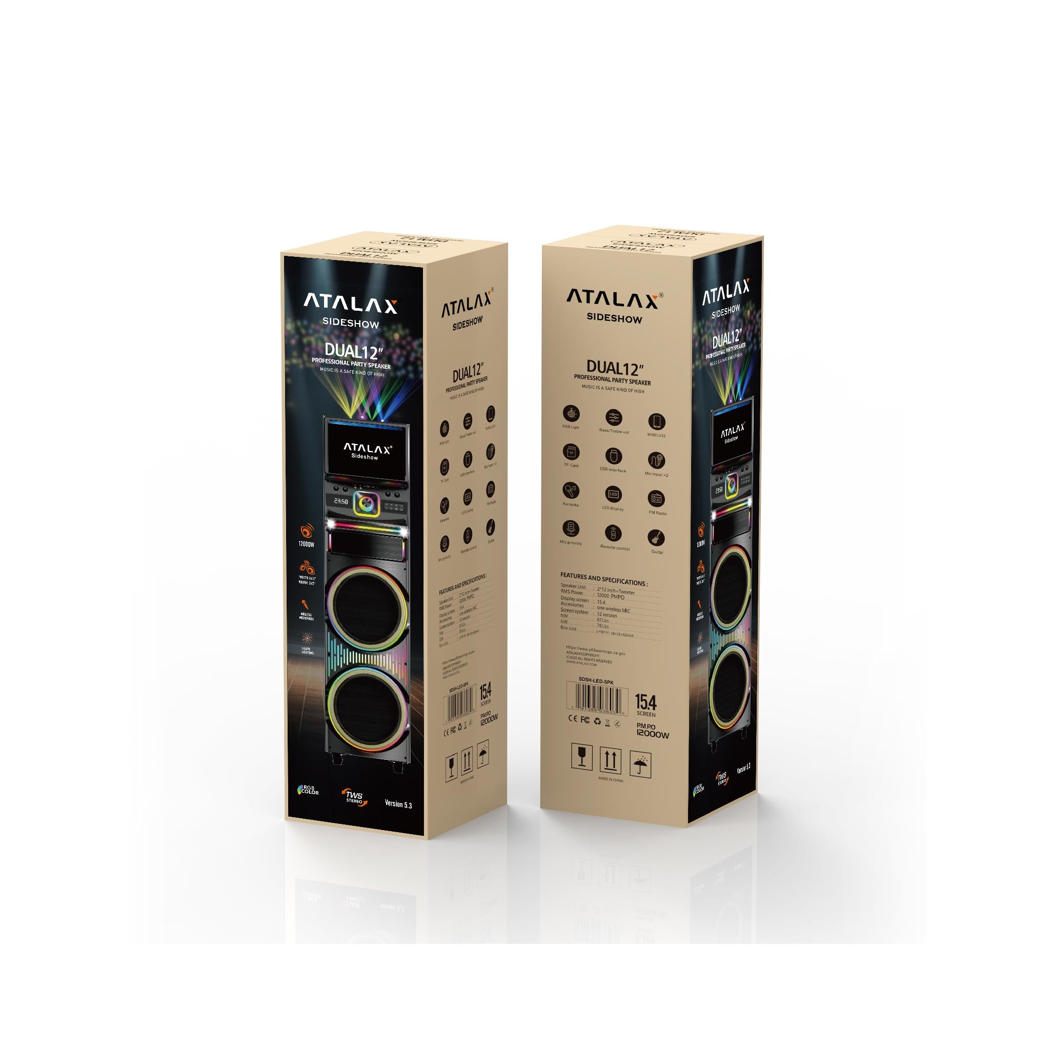 ATALAX SIDESHOW 2 X 12" INCH 12000 WATTS WITH 15.4" WIFI TOUCH SCREEN WITH LASER LIGHTS