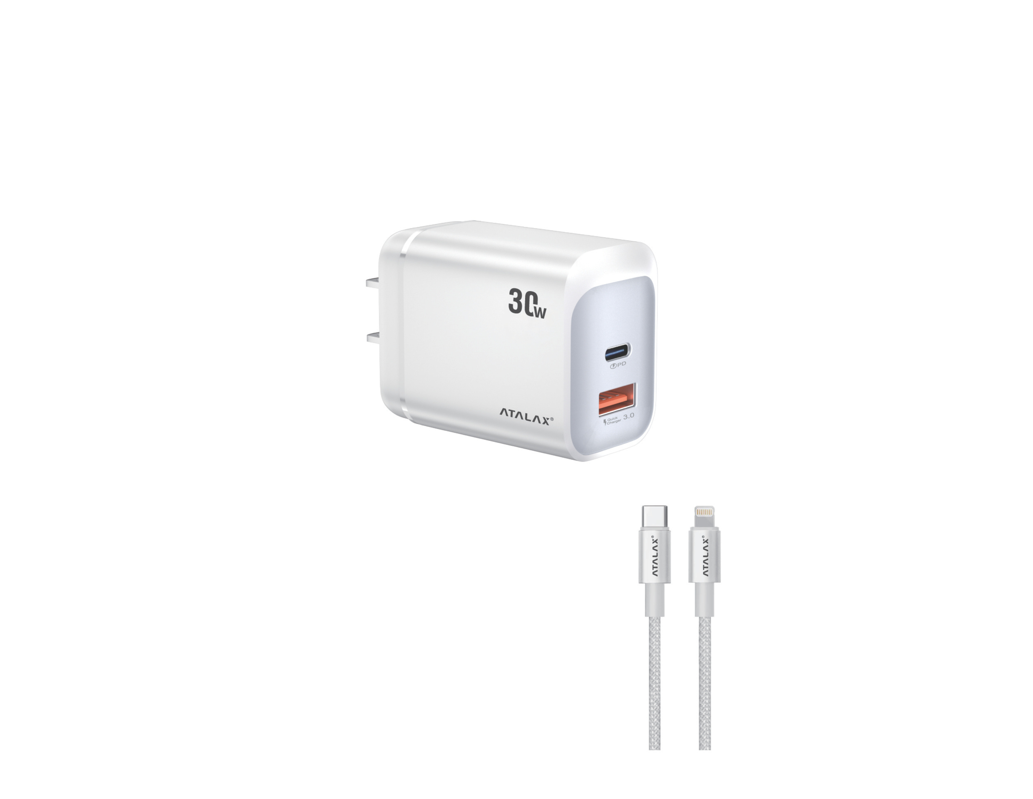 ATALAX SURGEMAX X14 30W PD/USB WALL CHARGER LIGHTNING 4FT WHITE