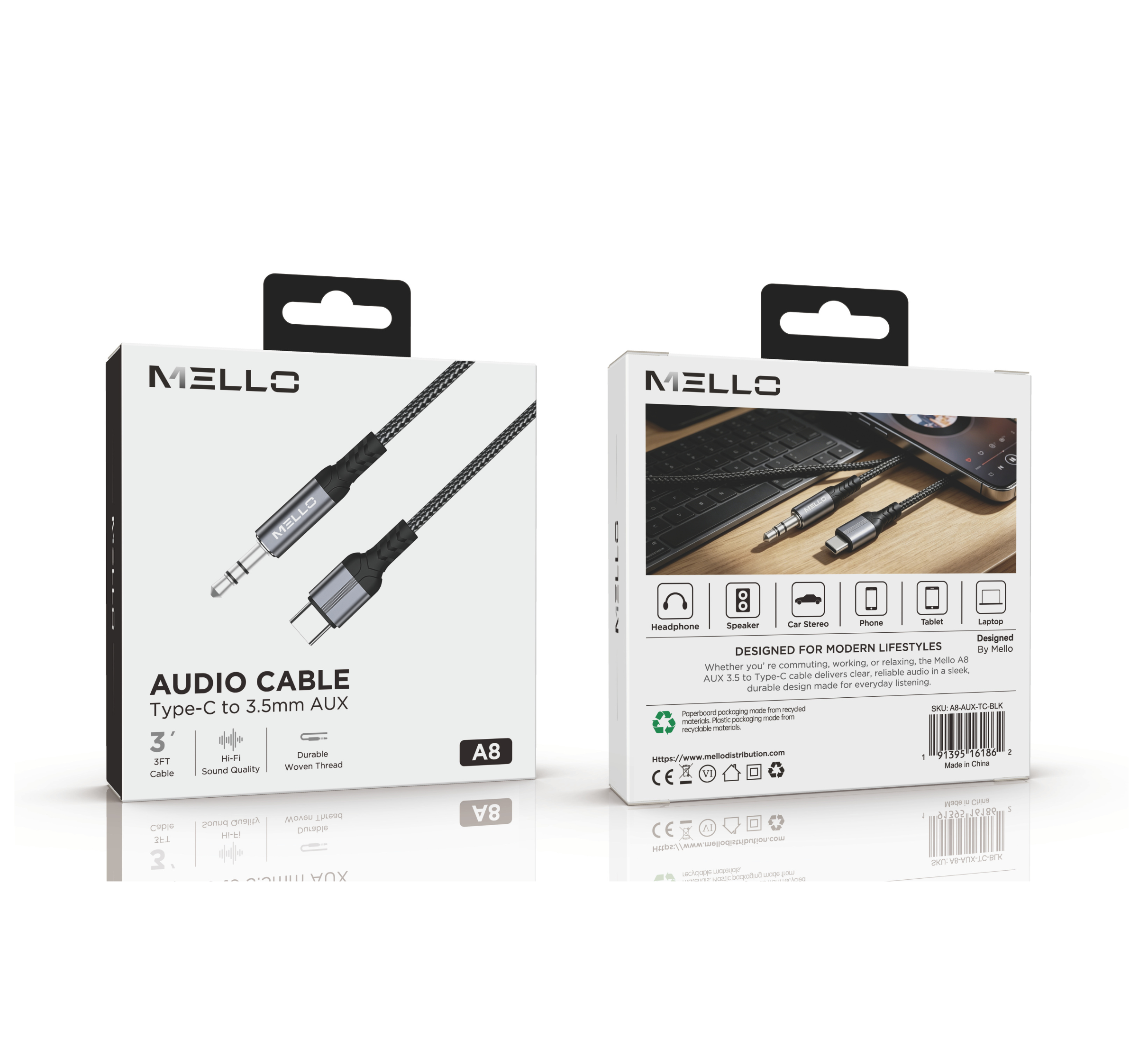 A8Â AUX 3.5 TO TYPE-C 3 FEET CABLE BLACK