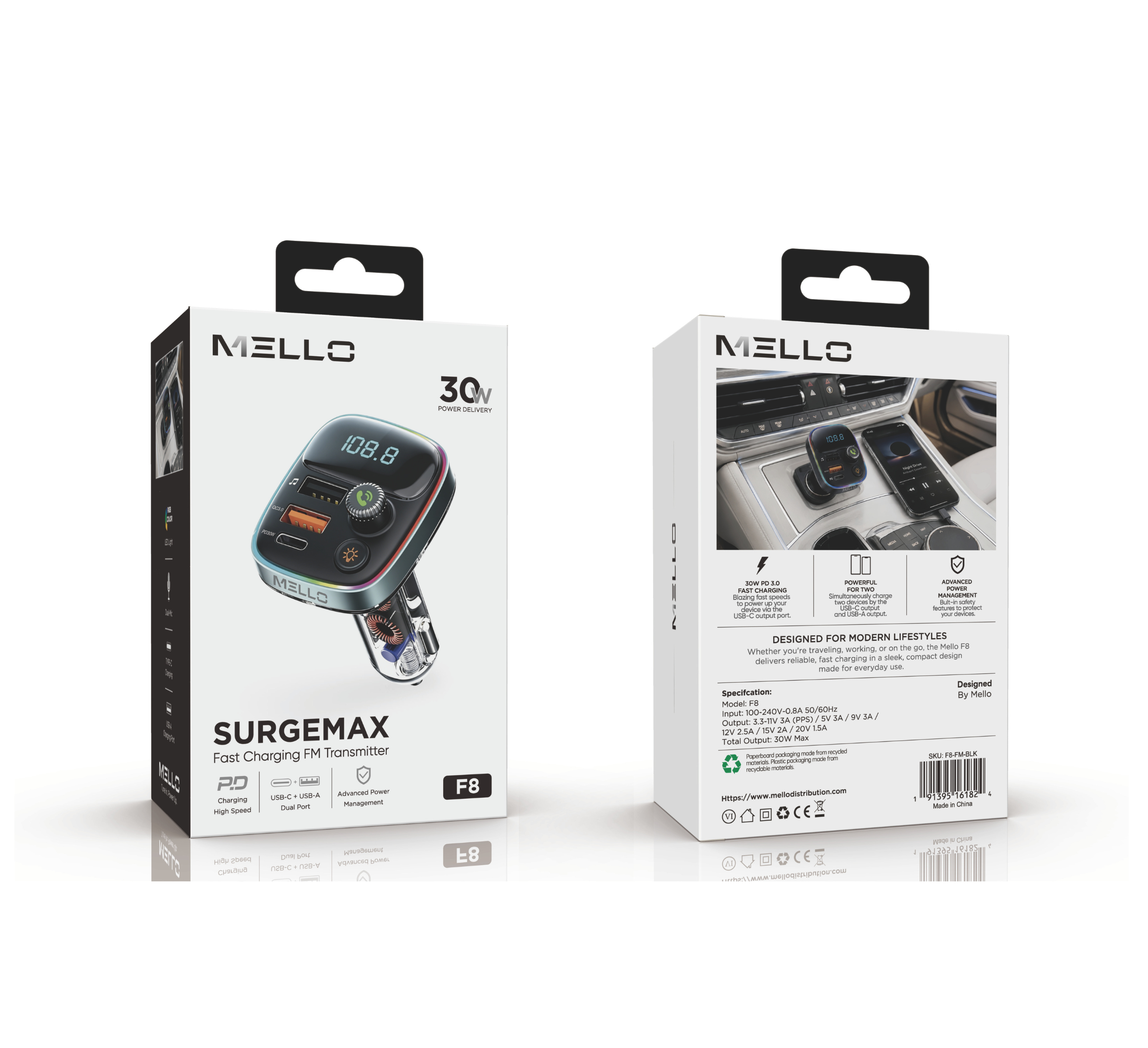 MELLO SURGEMAX F8 DUAL USB/PD FM TRANSMITTER BLACK
