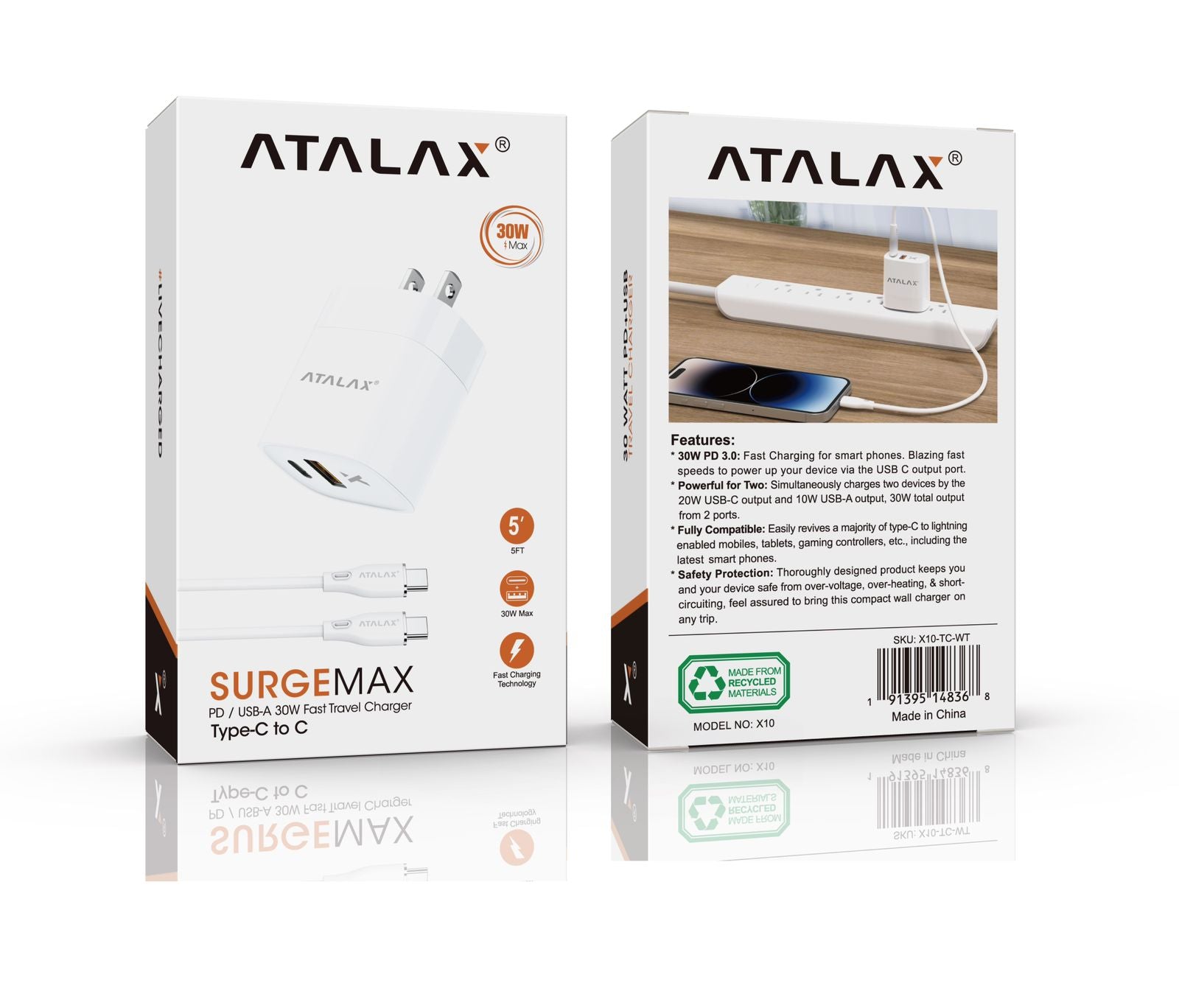 ATALAX SURGEMAX X10 30W DUAL WALL CHARGER TYPE-C 5FT WHITE