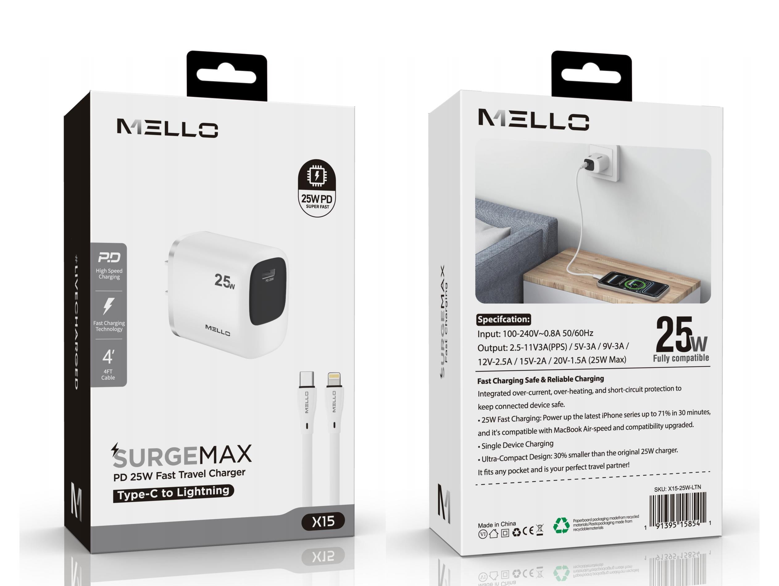 MELLO SURGEMAX X15 ADAPTER 25W LIGHTNING WHITE
