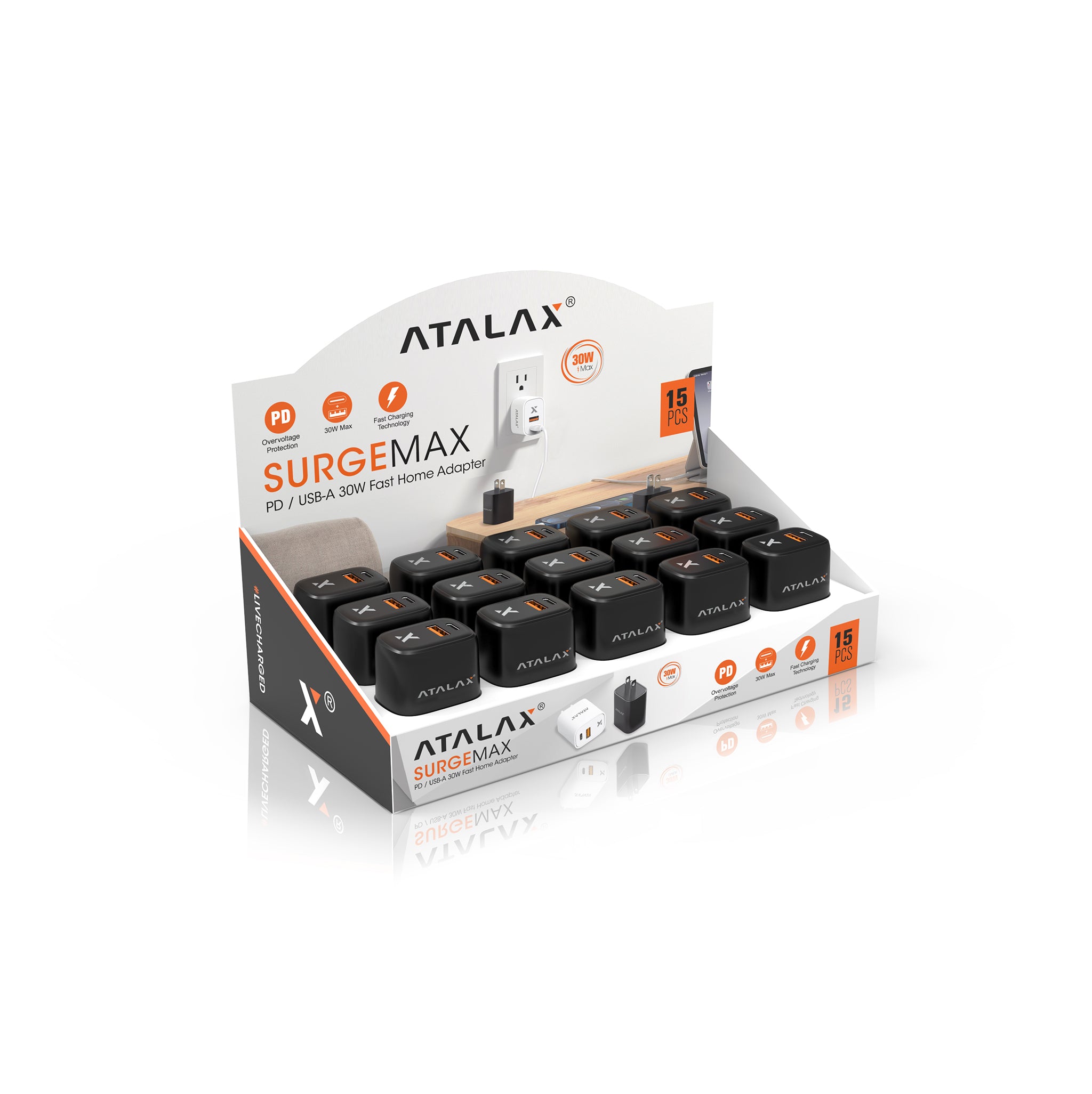ATALAX  SURGEMAX X9 30W PD/USB FAST HOME ADAPTER  (SET OF 15 PIECES) BLACK