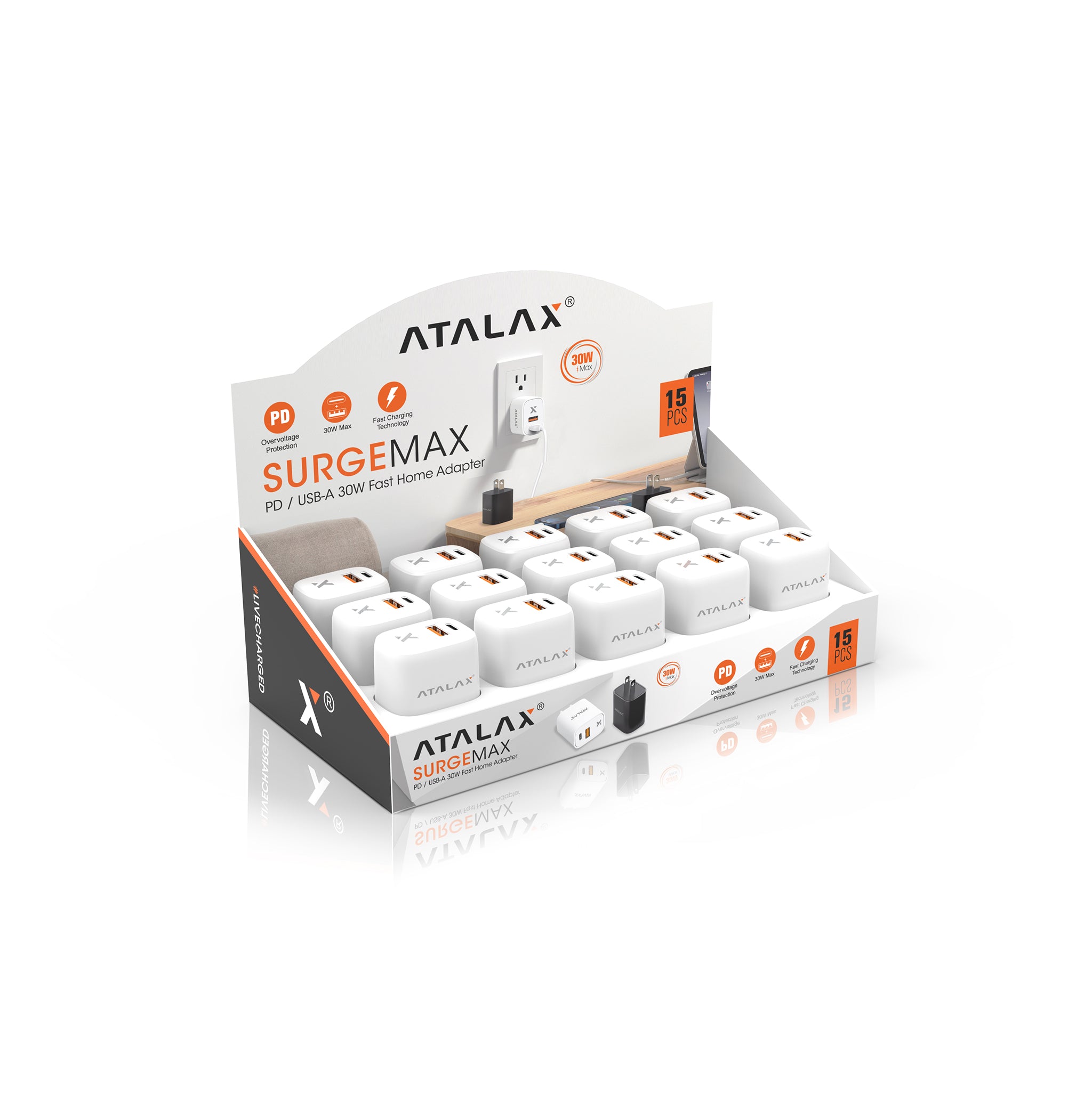 ATALAX  SURGEMAX X9 30W PD/USB FAST HOME ADAPTER  (SET OF 15 PIECES) WHITE