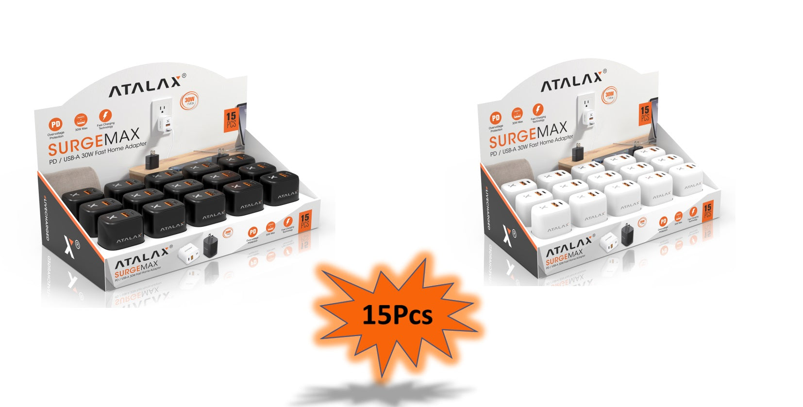ATALAX SURGEMAX X9 30W PD/USB FAST HOME ADAPTER (SET OF 15 PIECES) BLACK