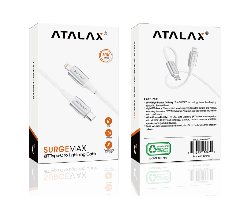 ATALAX SURGEMAX X95 LIGHTNING CABLE 6F WHITE