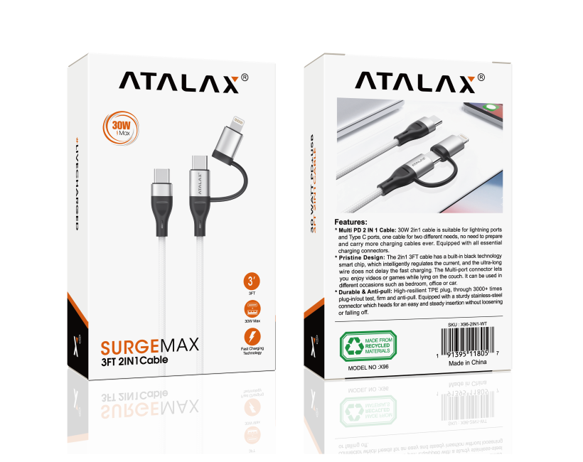ATALAX SURGEMAX X96 2IN1 CABLE 3FT WHITE