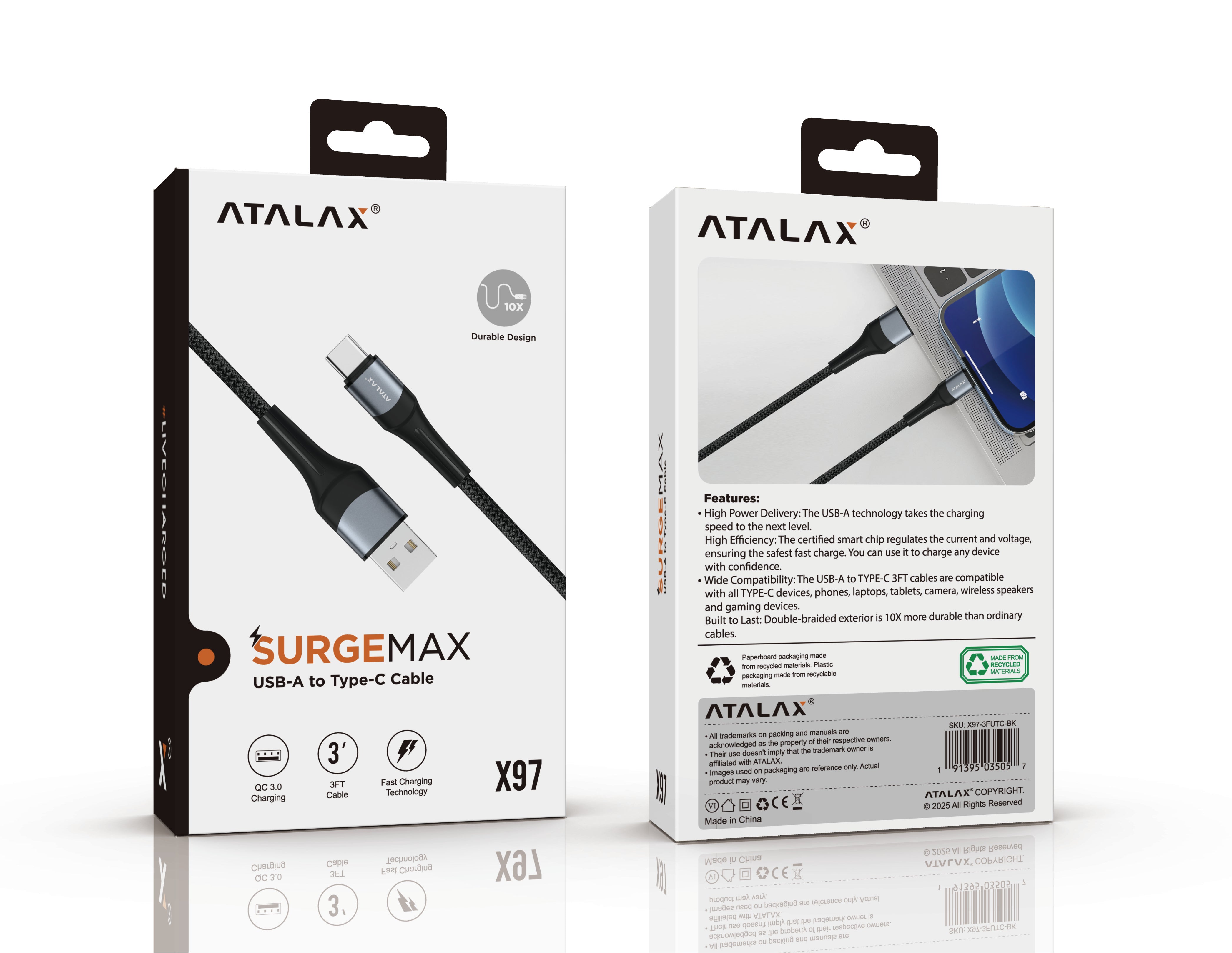 ATALAX SURGEMAX X97 USB TO TYPE-C CABLE 3FT BLACK