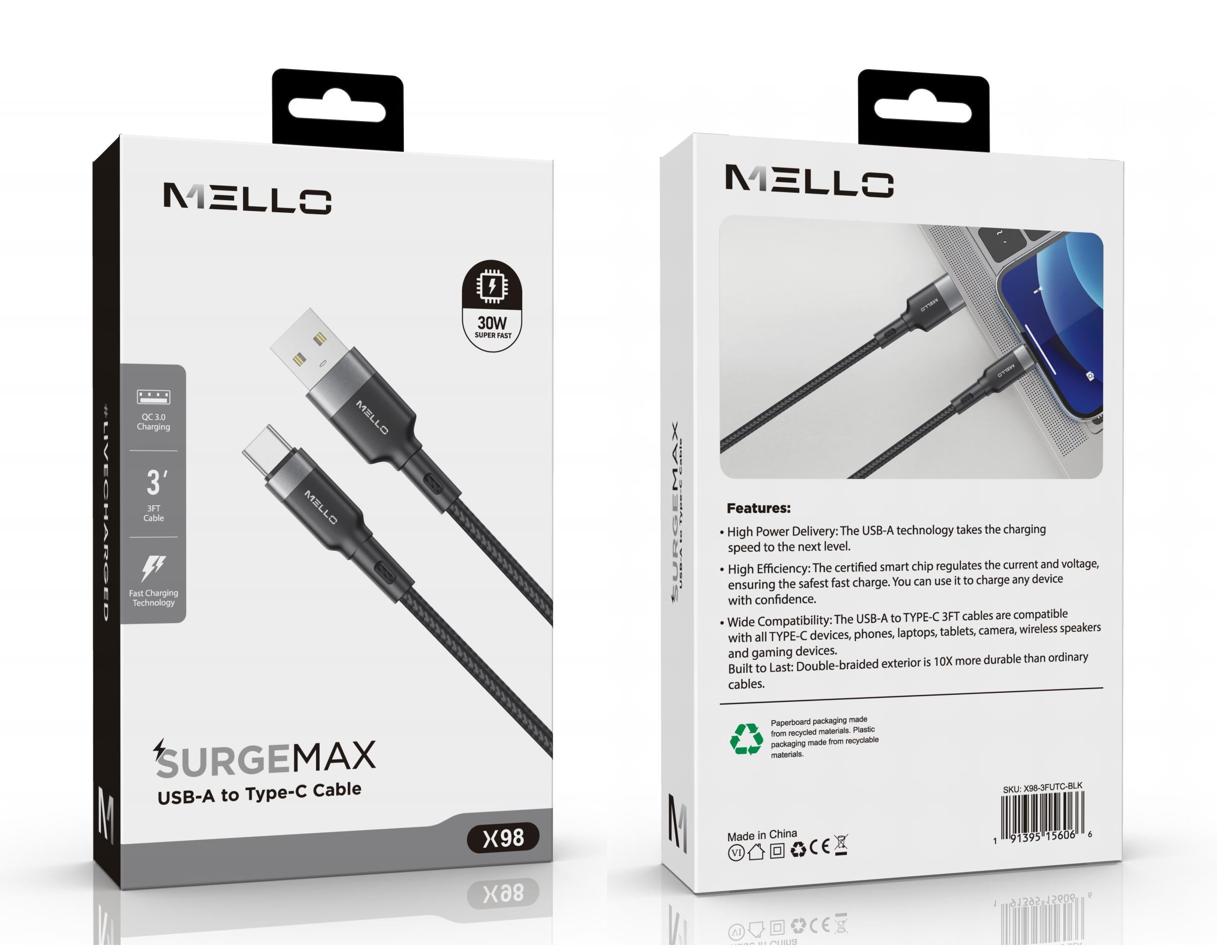 MELLO X98 USB-A TO TYPE C 3 FEET CABLE BLACK