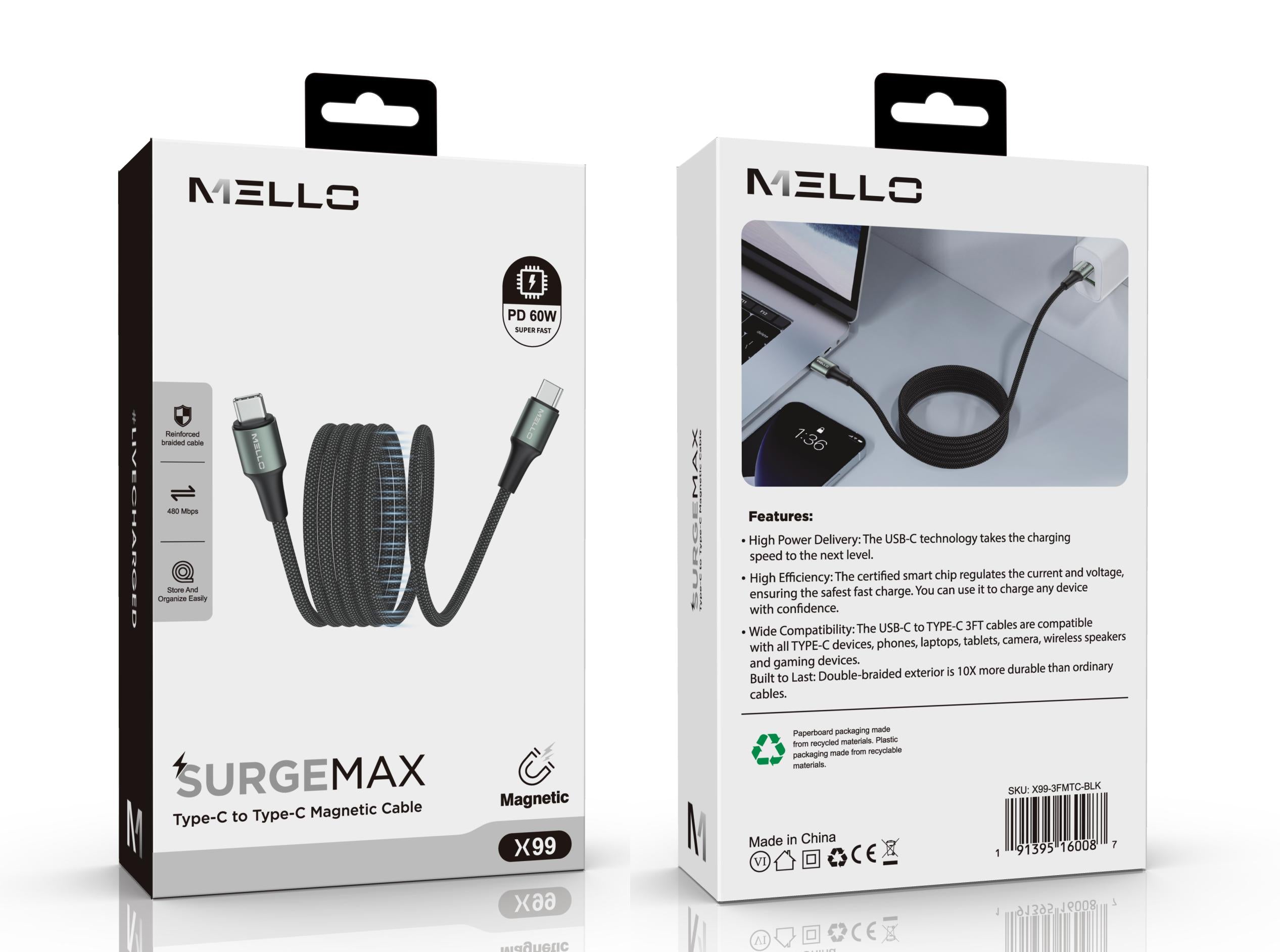 MELLO X99 TYPE-C TO TYPE C 3 FEET MAGNETIC CABLE BLACK