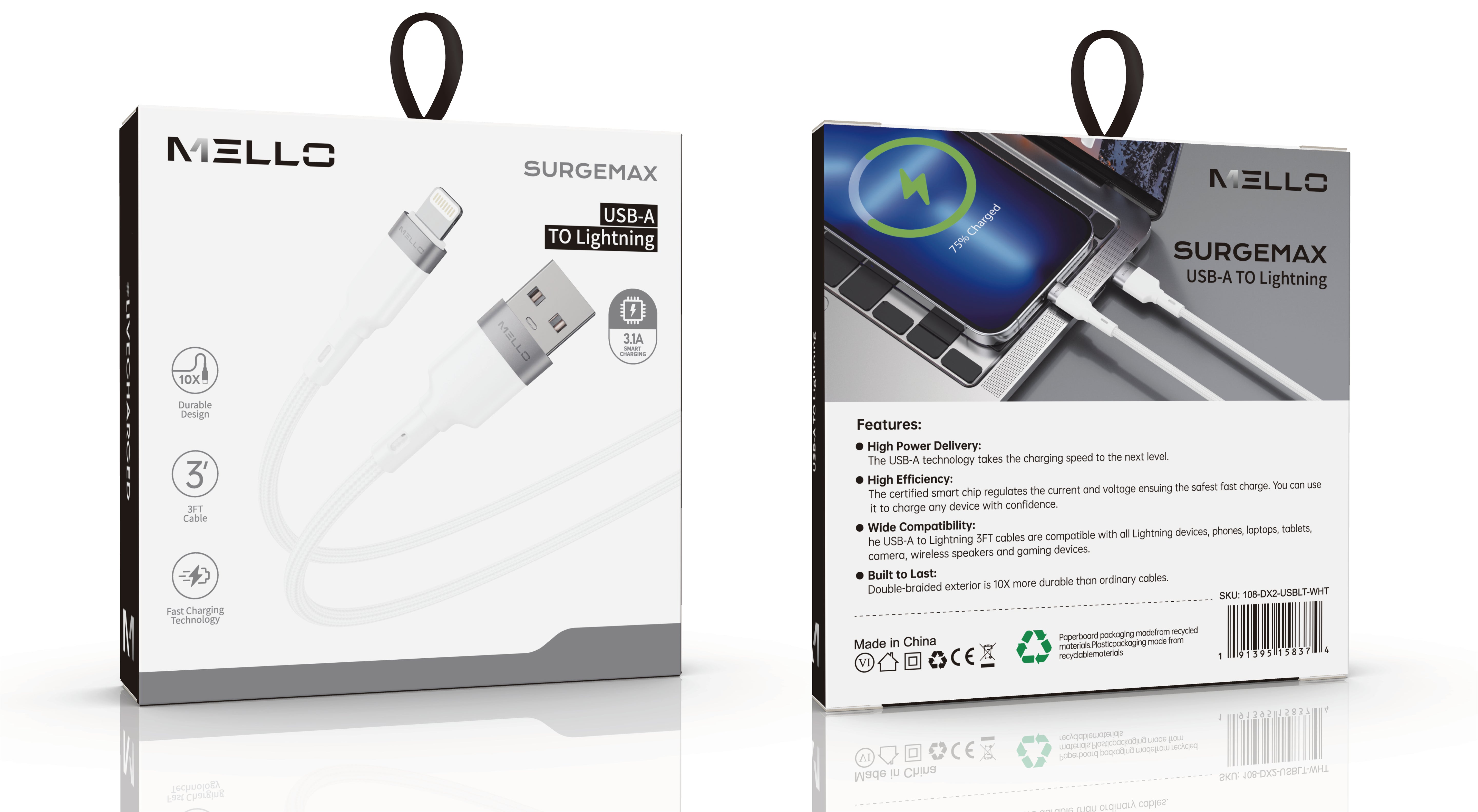 MELLO ML-DSP108 USB TO LIGHTNING CABLE WHITE