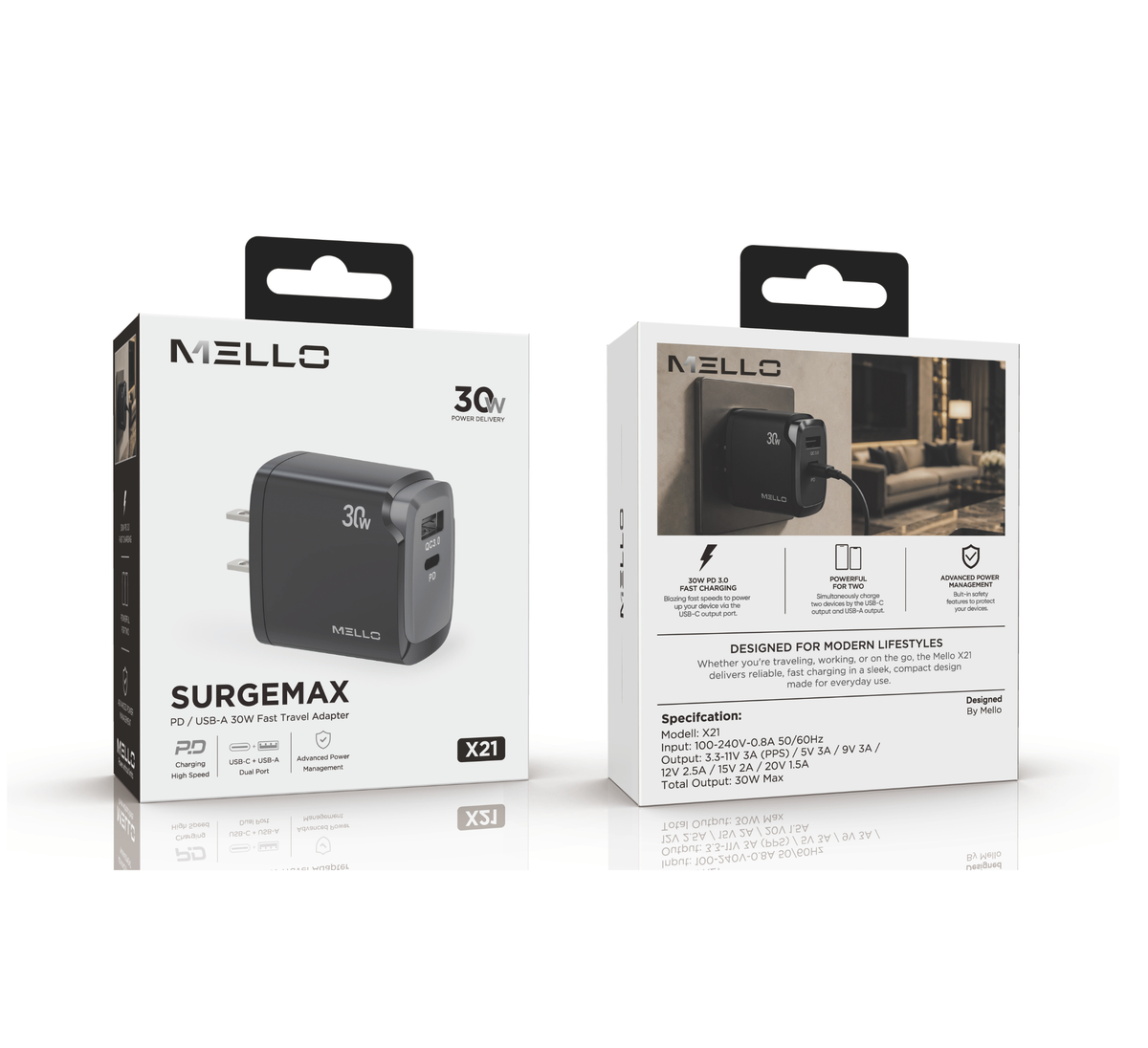 MELLO  SURGEMAX X21 PD/USB-A 30W FAST TRAVEL ADAPTER