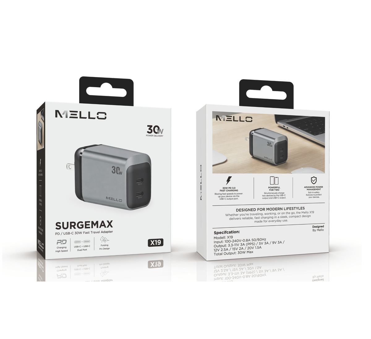 MELLO X19 SURGEMAX 30 WATTS DUAL USB-C ADAPTER