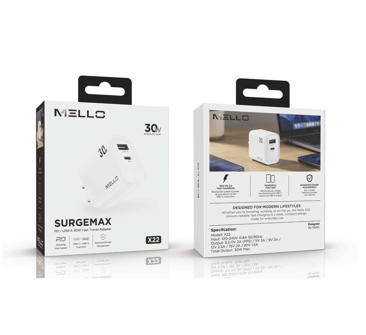 MELLO X22 SURGEMAX 30 WATTS DUAL USB-C AND USB-A ADAPTER