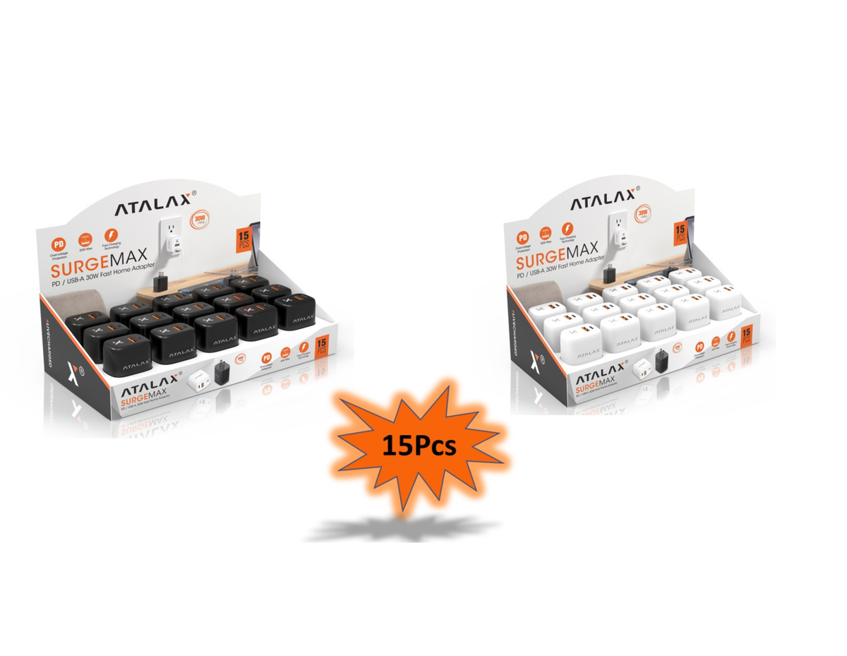 ATALAX  SURGEMAX X9 30W PD/USB FAST HOME ADAPTER  (SET OF 15 PIECES) BLACK