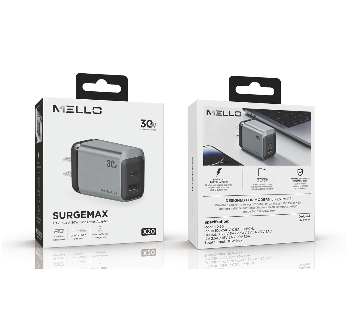 MELLO X20 SURGEMAX 30 WATTS DUAL USB-C AND USB-A ADAPTER