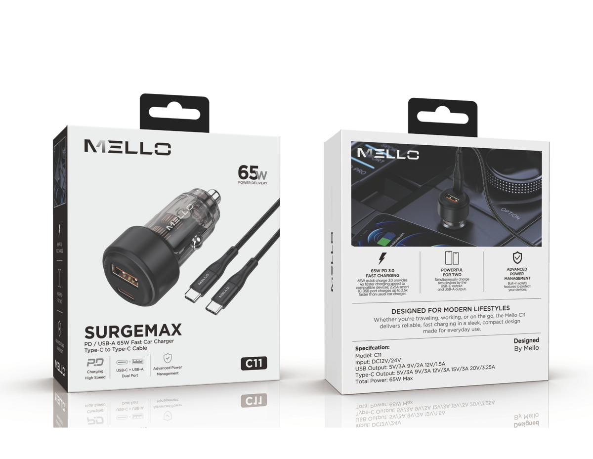 MELLO C11 SURGEMAX 65W CAR CHARGER TYPE C TO TYPE C BLACK