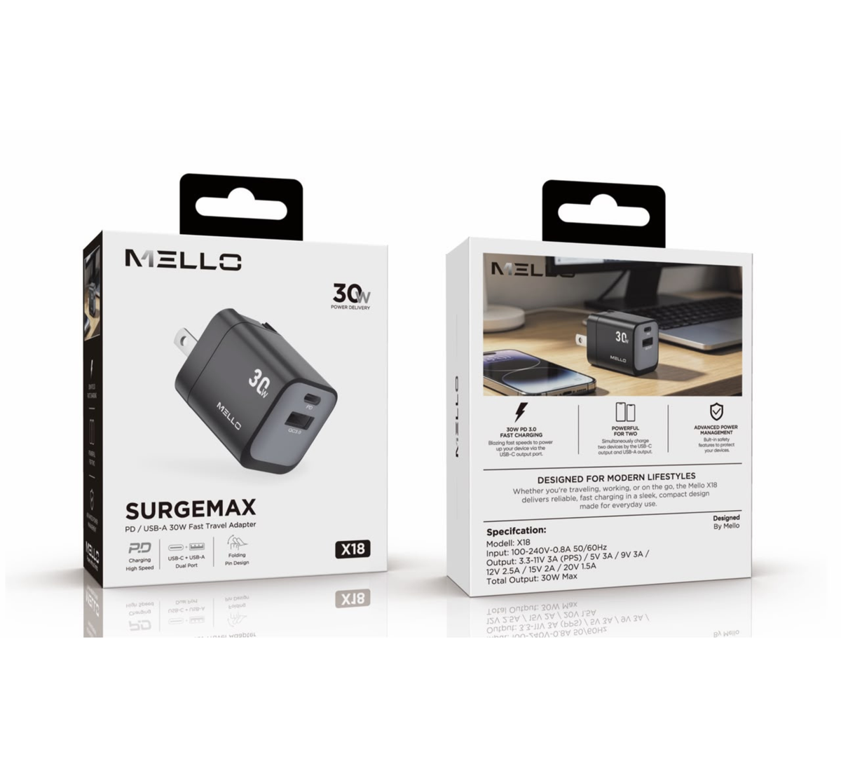 MELLO X18 SURGEMAX 30 WATTS DUAL USB-C AND USB-A ADAPTER