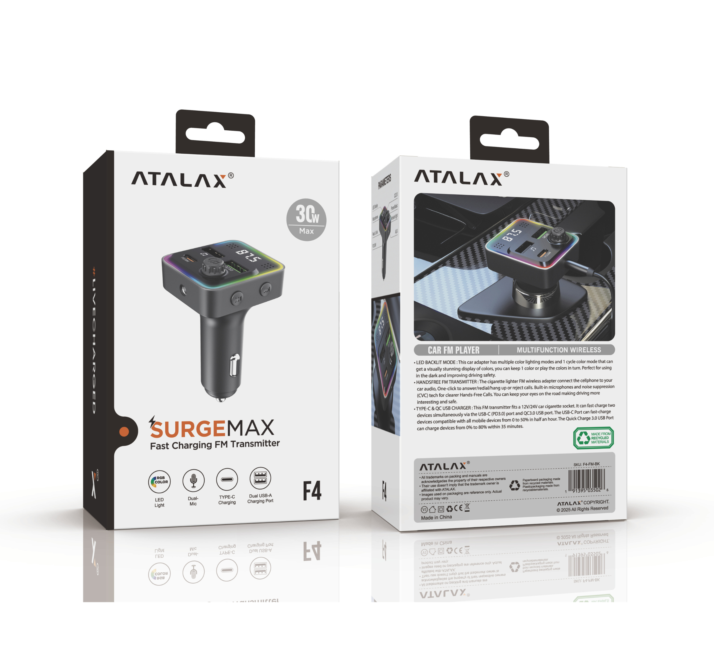 ATALAX SURGEMAX F4 DUAL USB/PD FM TRANSMITTER BLACK