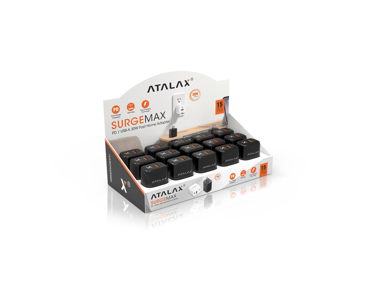 ATALAX  SURGEMAX X9 30W PD/USB FAST HOME ADAPTER  (SET OF 15 PIECES) BLACK