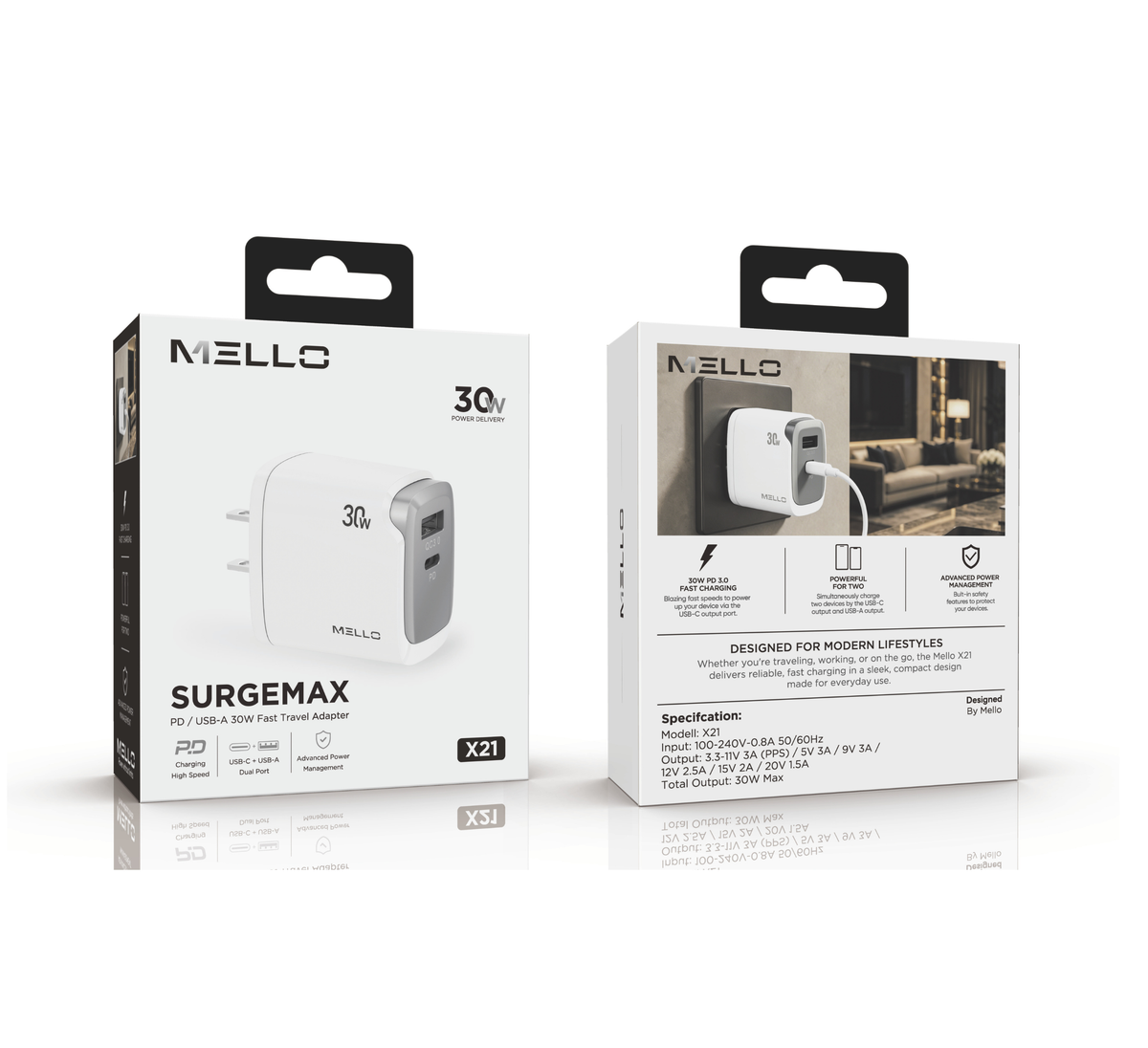MELLO  SURGEMAX X21 PD/USB-A 30W FAST TRAVEL ADAPTER