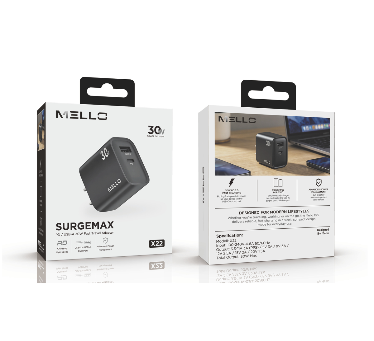 MELLO X22 SURGEMAX 30 WATTS DUAL USB-C AND USB-A ADAPTER