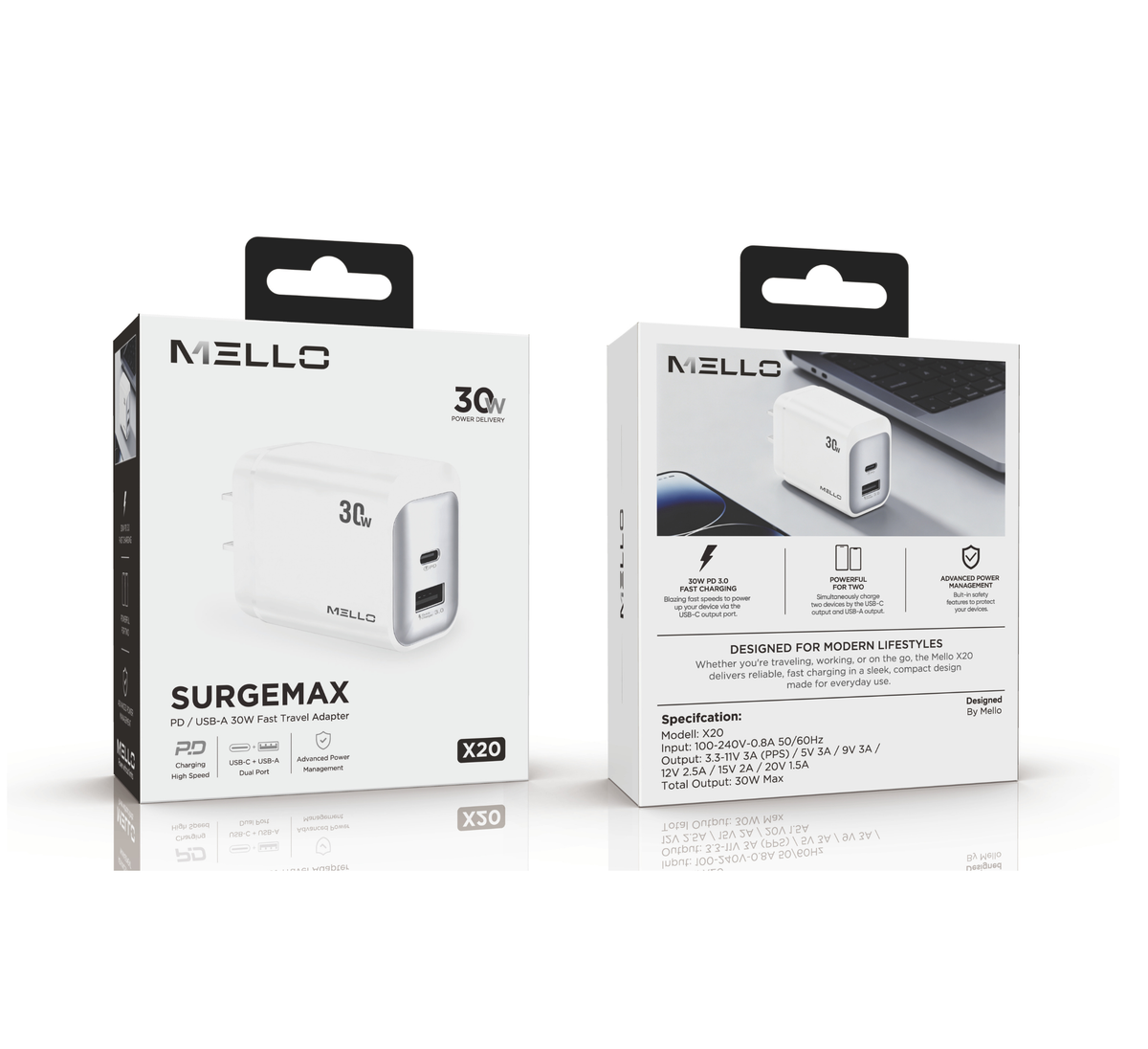 MELLO X20 SURGEMAX 30 WATTS DUAL USB-C AND USB-A ADAPTER