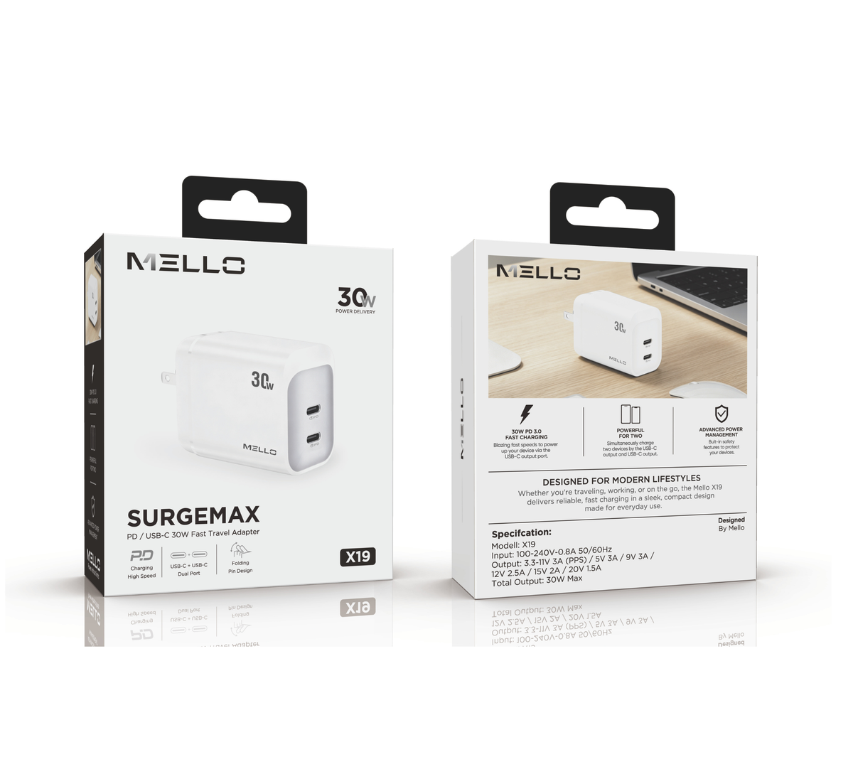 MELLO X19 SURGEMAX 30 WATTS DUAL USB-C ADAPTER
