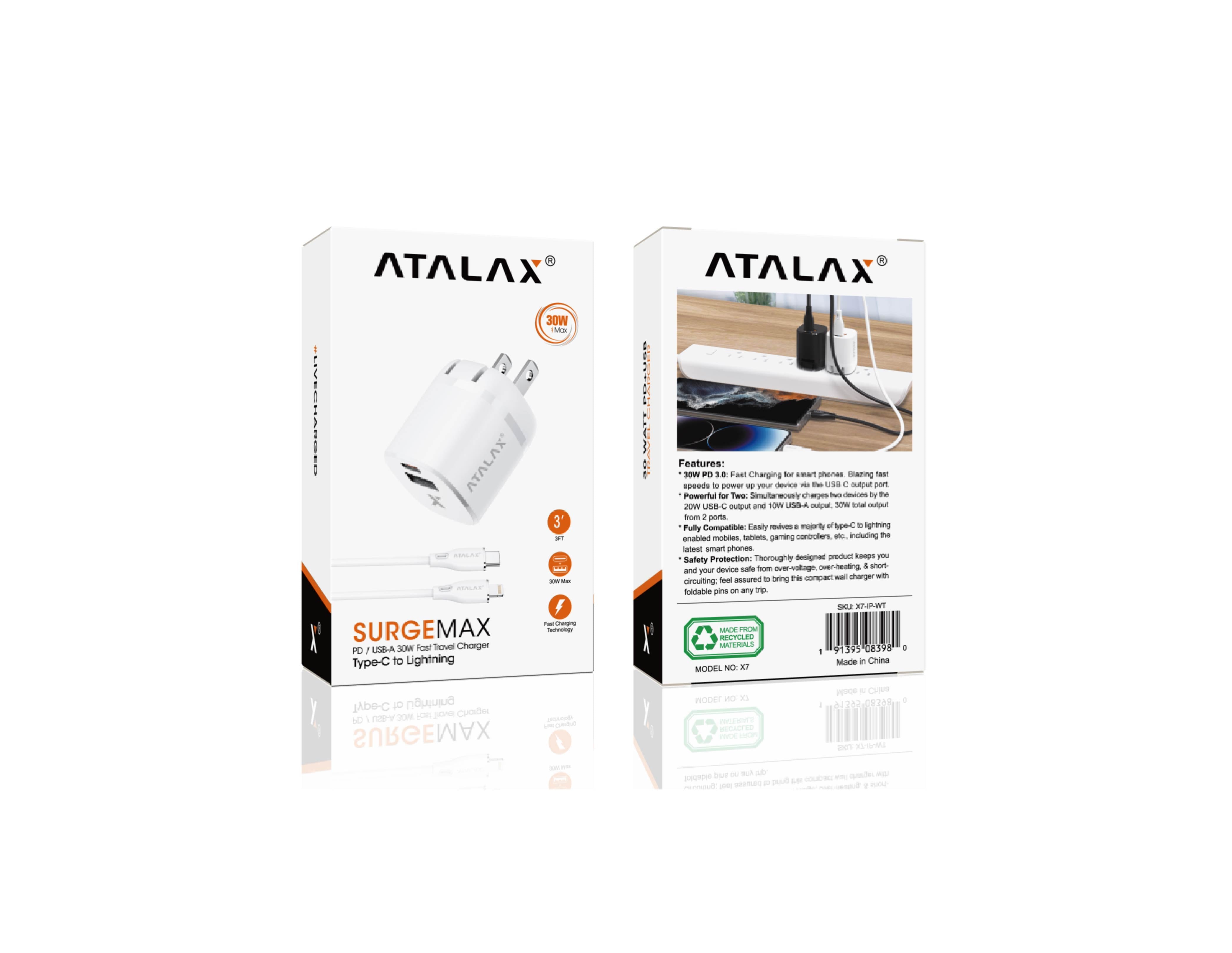 ATALAX SURGEMAX X7 30W DUAL WALL CHARGER LIGHTNING 3FT WHITE