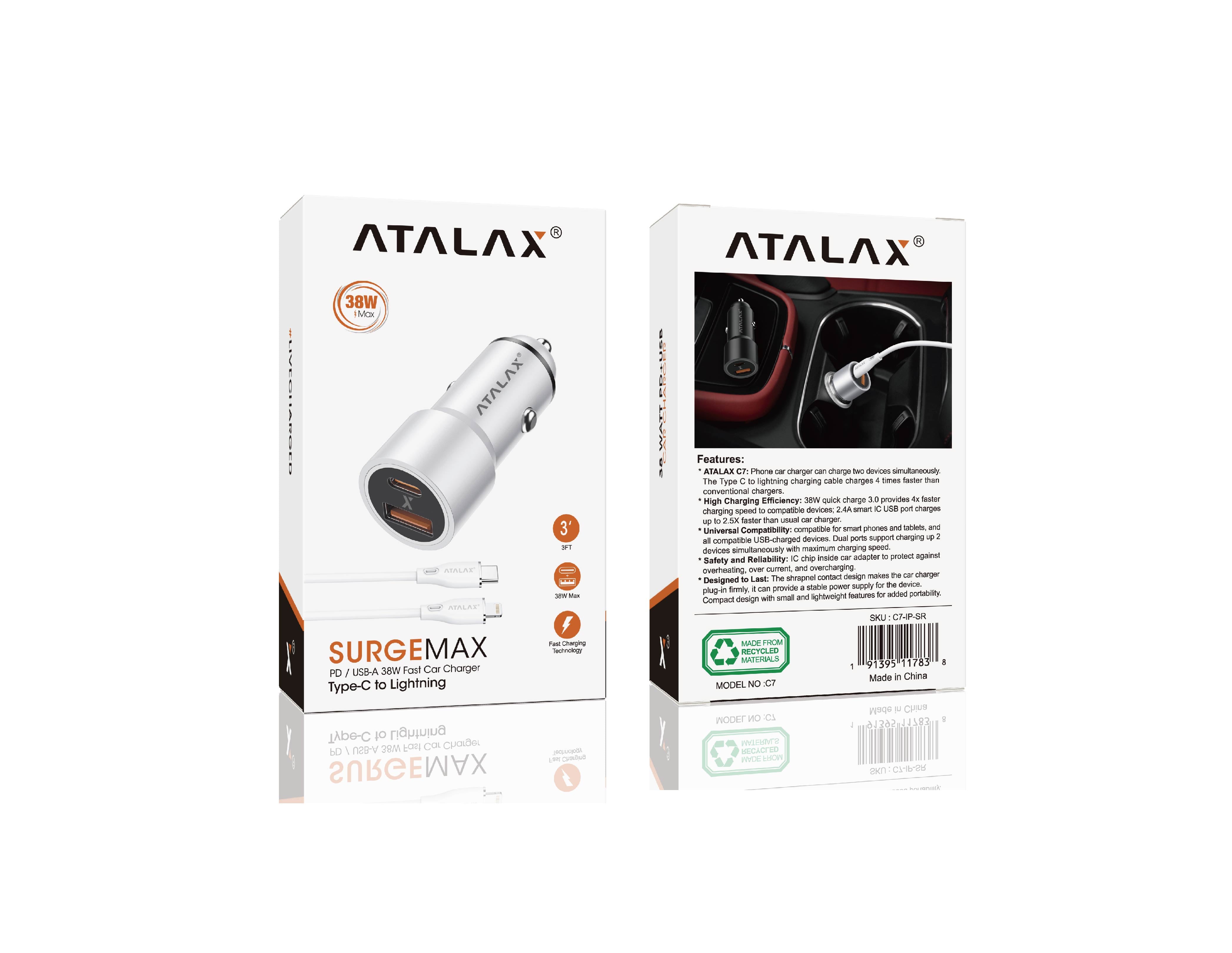 C7 Car Charger Dual PD/USB-A 38W Fast Charger (TYPE-C TO Lightning Cable)