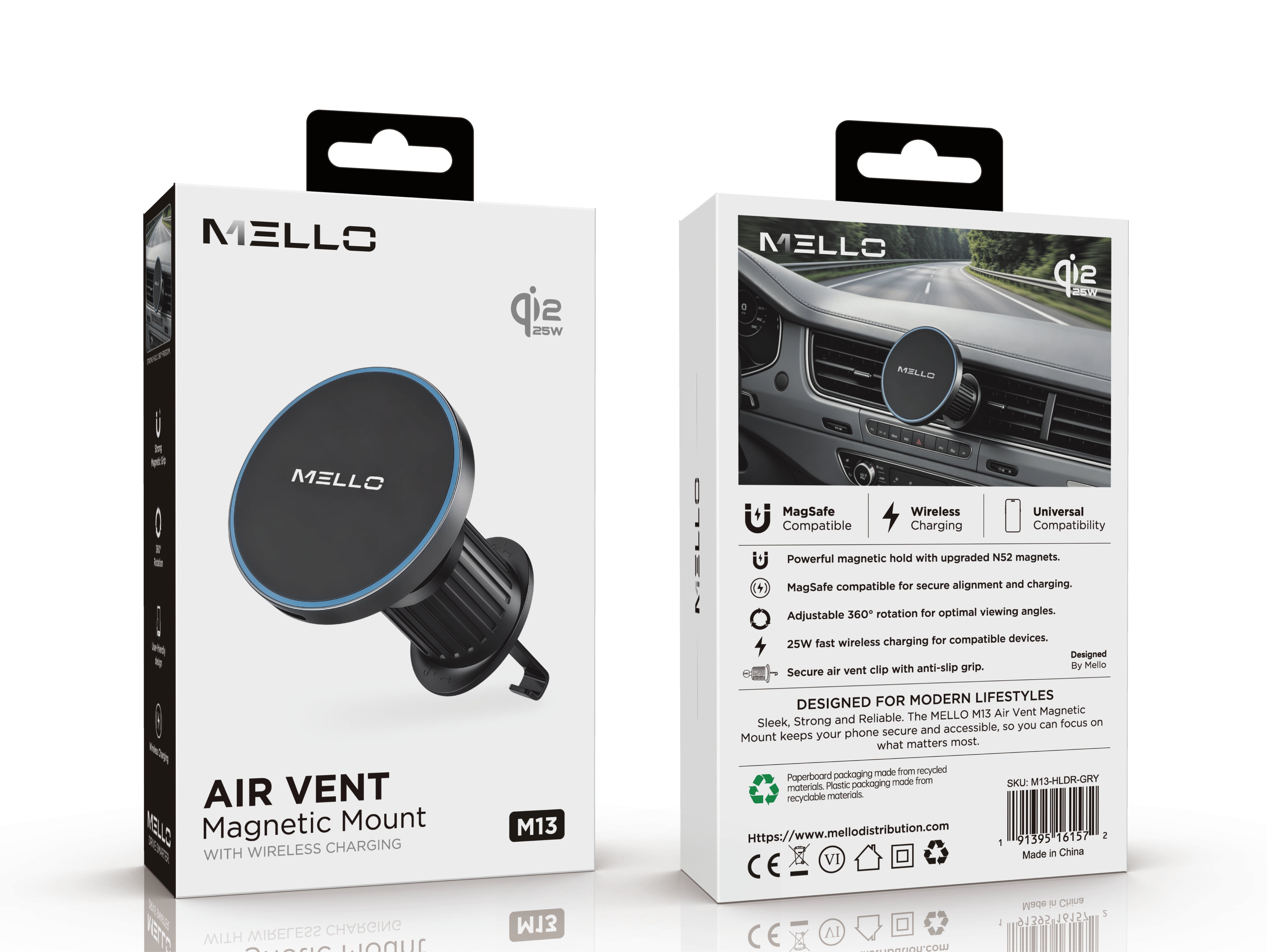 MELLO M13 AIR VENT MAGNETIC MOUNT WITH WIRELESS CHARING GRAY