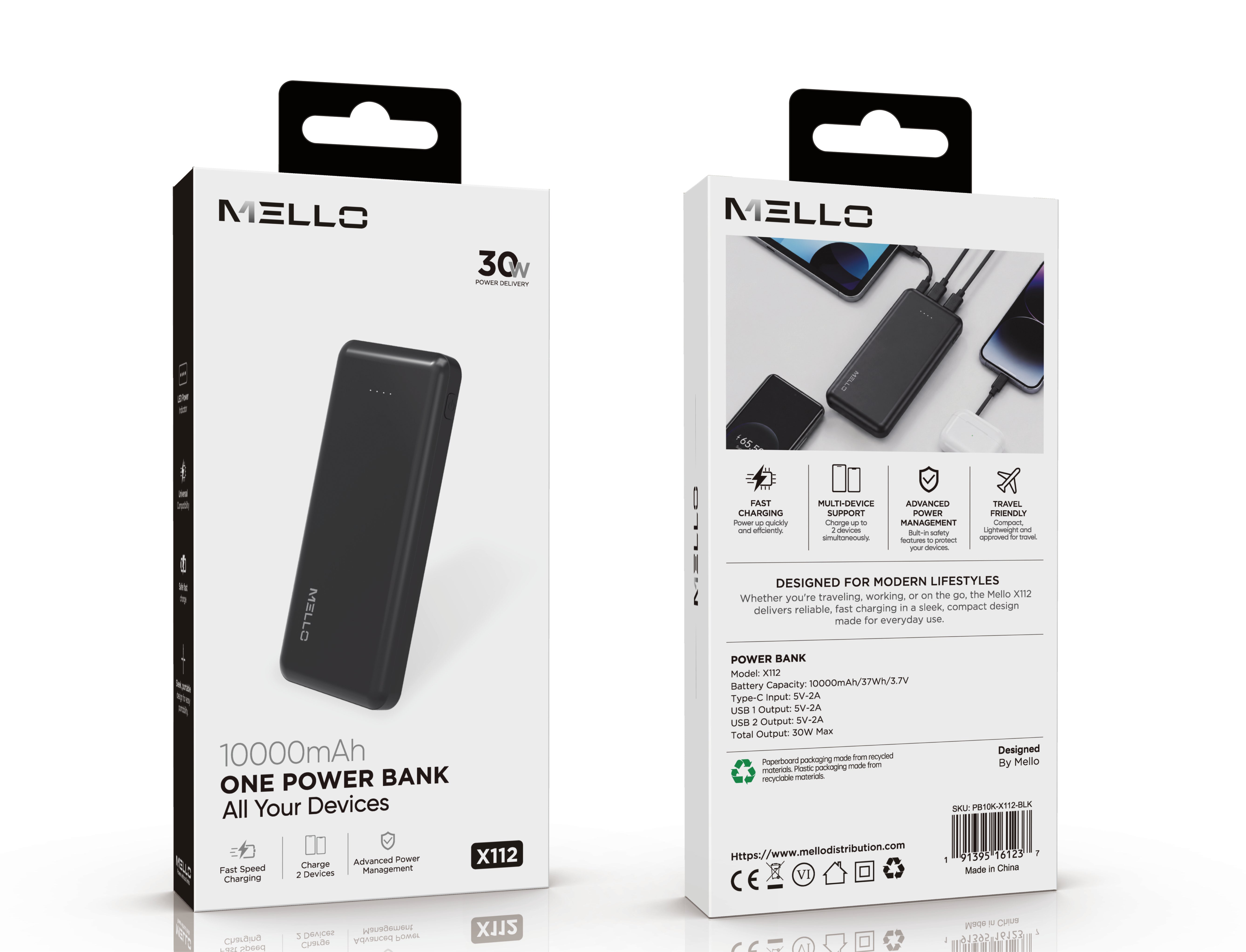 MELLO X112 SLIM POWER BANK 2XUSB-A AND USB-C PORT 10000 MAH BLACK