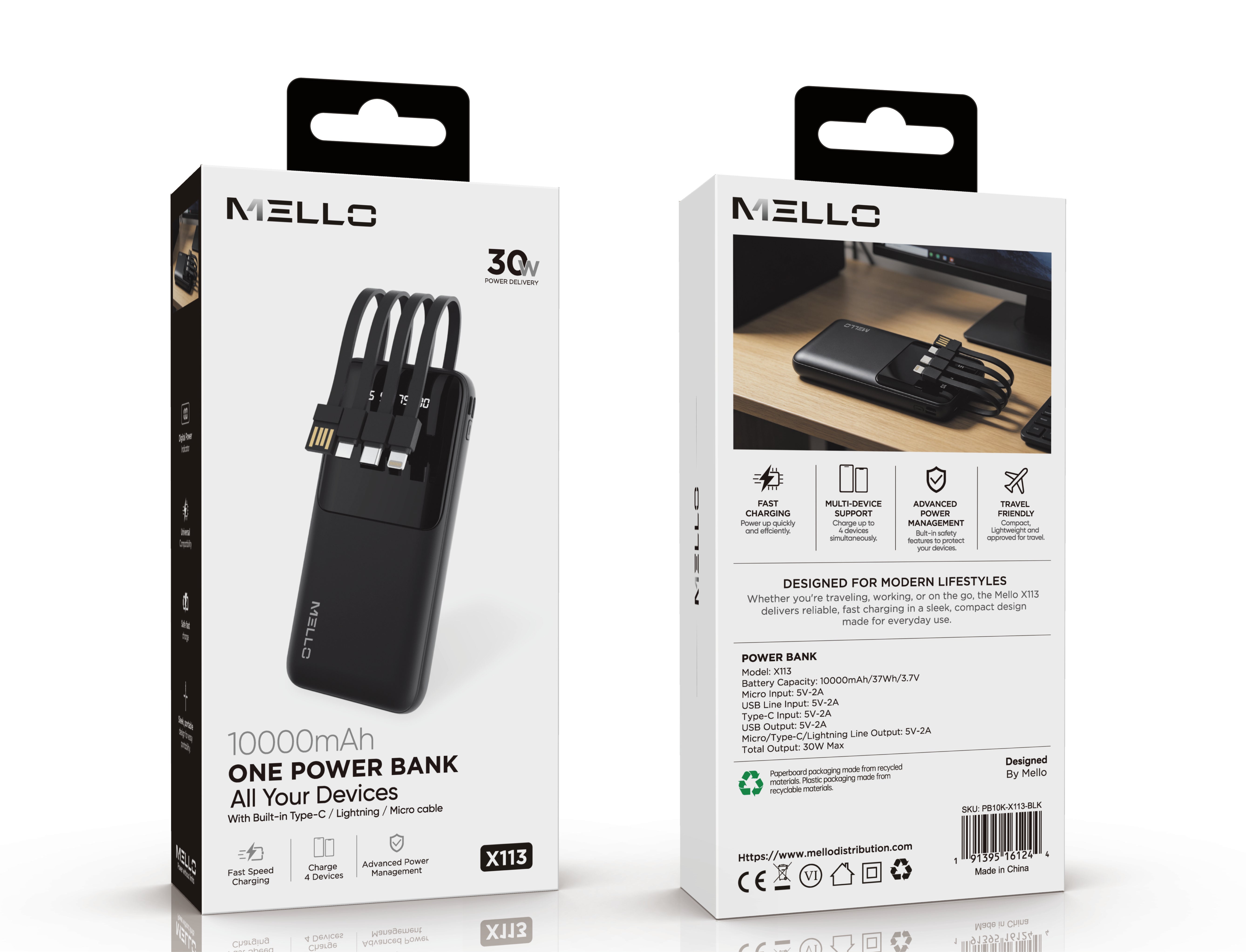 MELLO X113 POWER BANK 4IN1 CABLE 10000 MAH BLACK