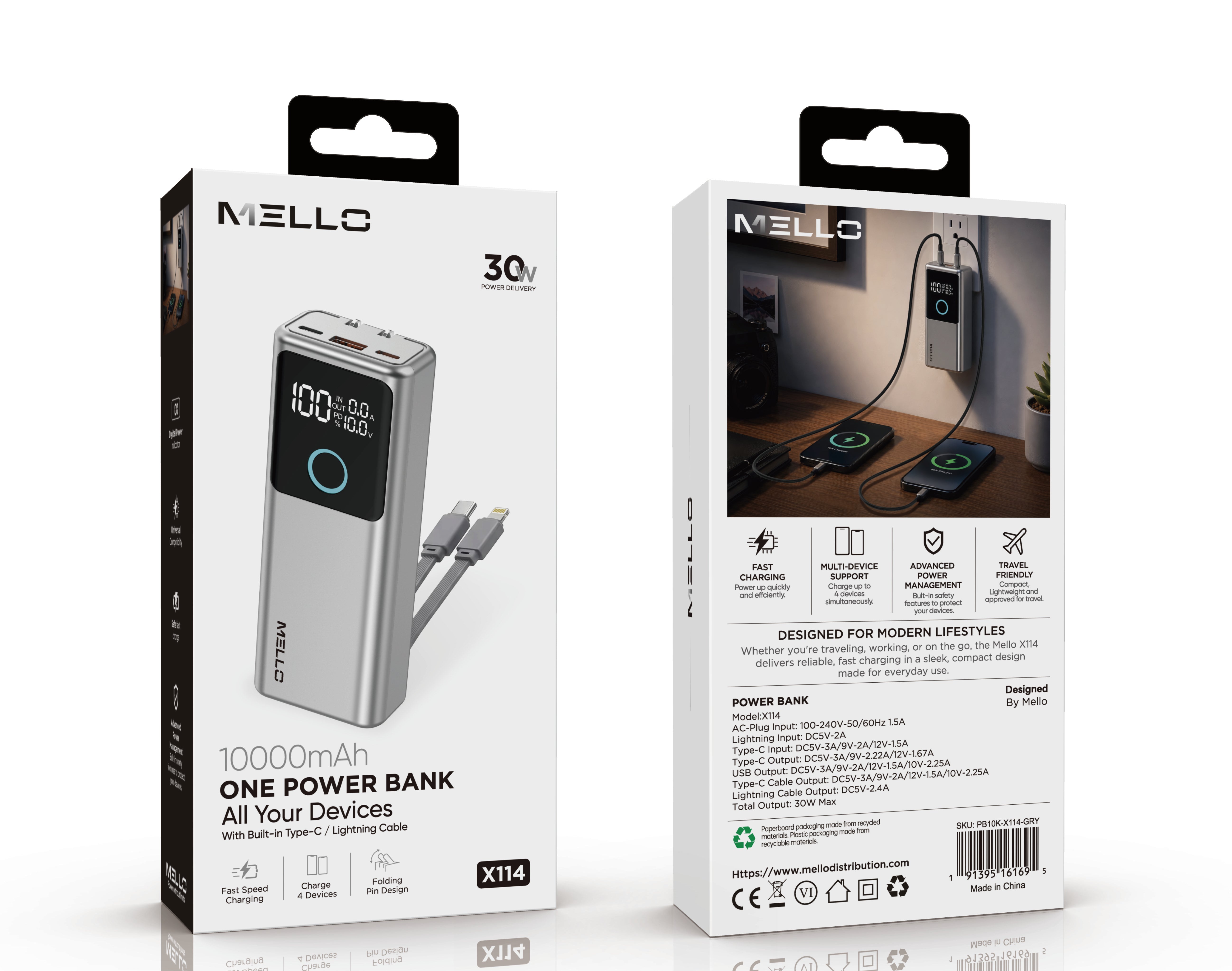 MELLO X114 30W POWER BANK AC WALL ADAPTER 10000 MAH GRAY