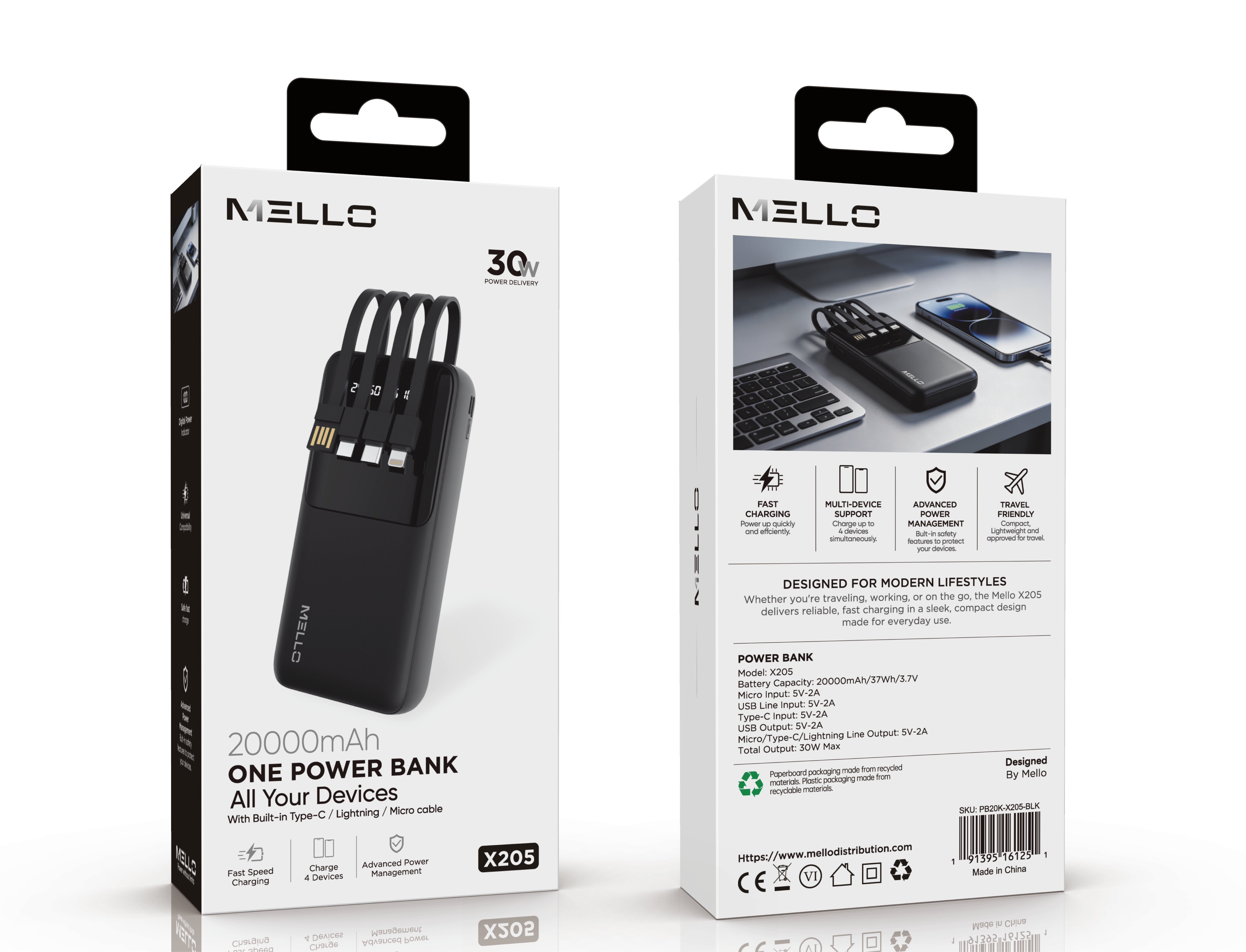 MELLO X205 POWER BANK 4IN1 CABLE 20000 MAH BLACK