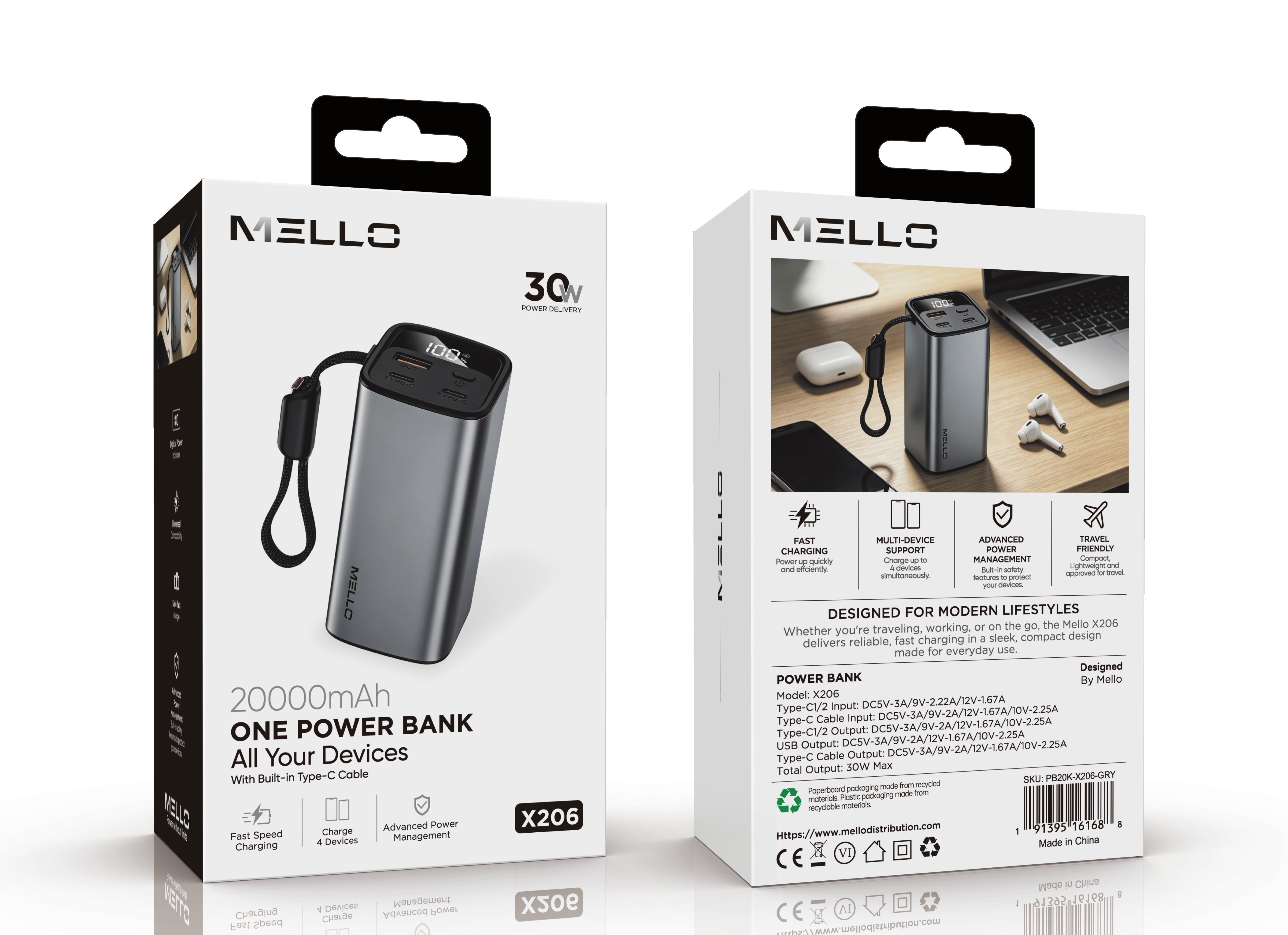 MELLO X206 30W POWER BANK 20000 MAH GRAY